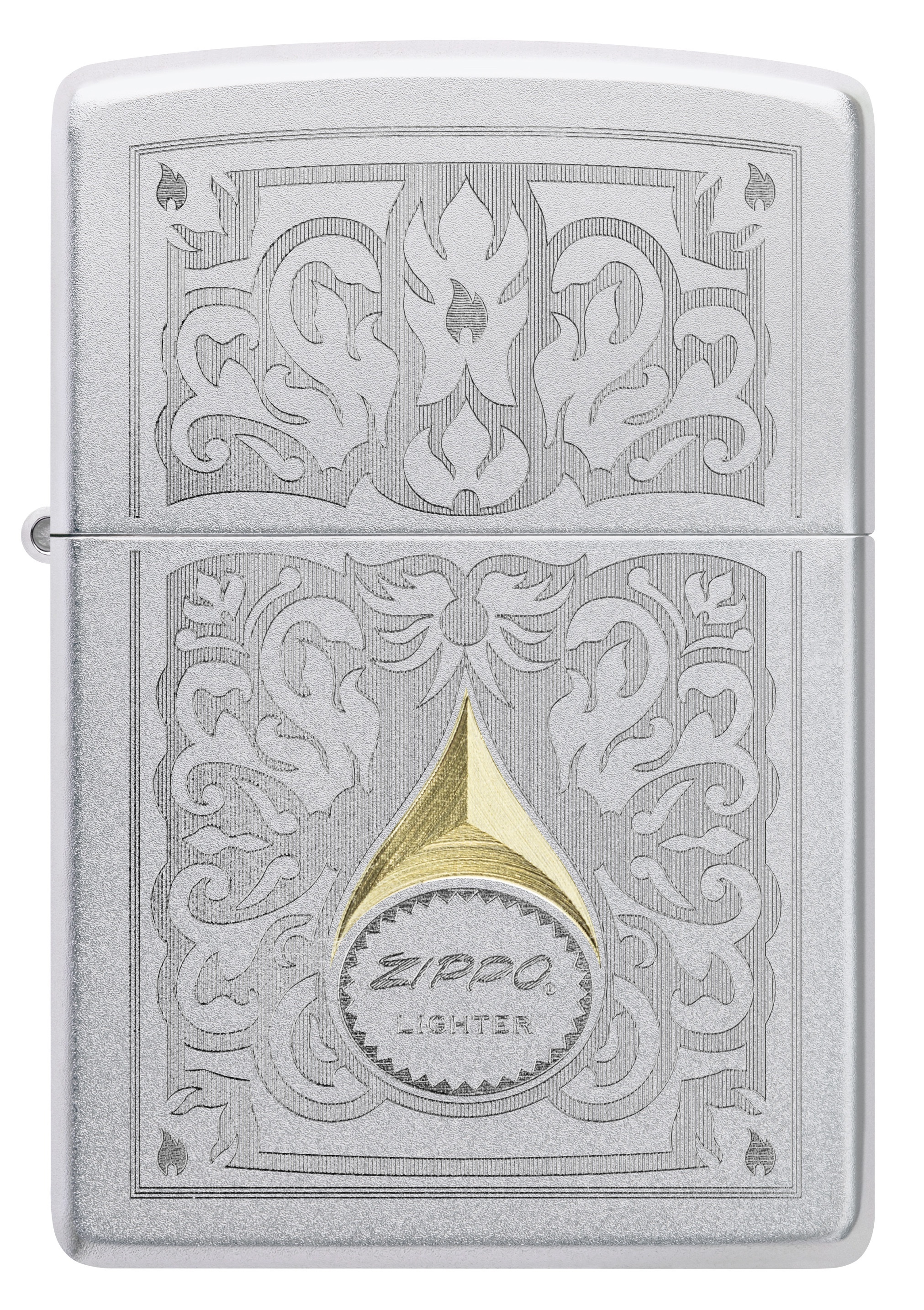Front shot of Zippo Bejeweled Beetle Design High Polish Brass Windproof Lighter standing at a 3/4 angle.