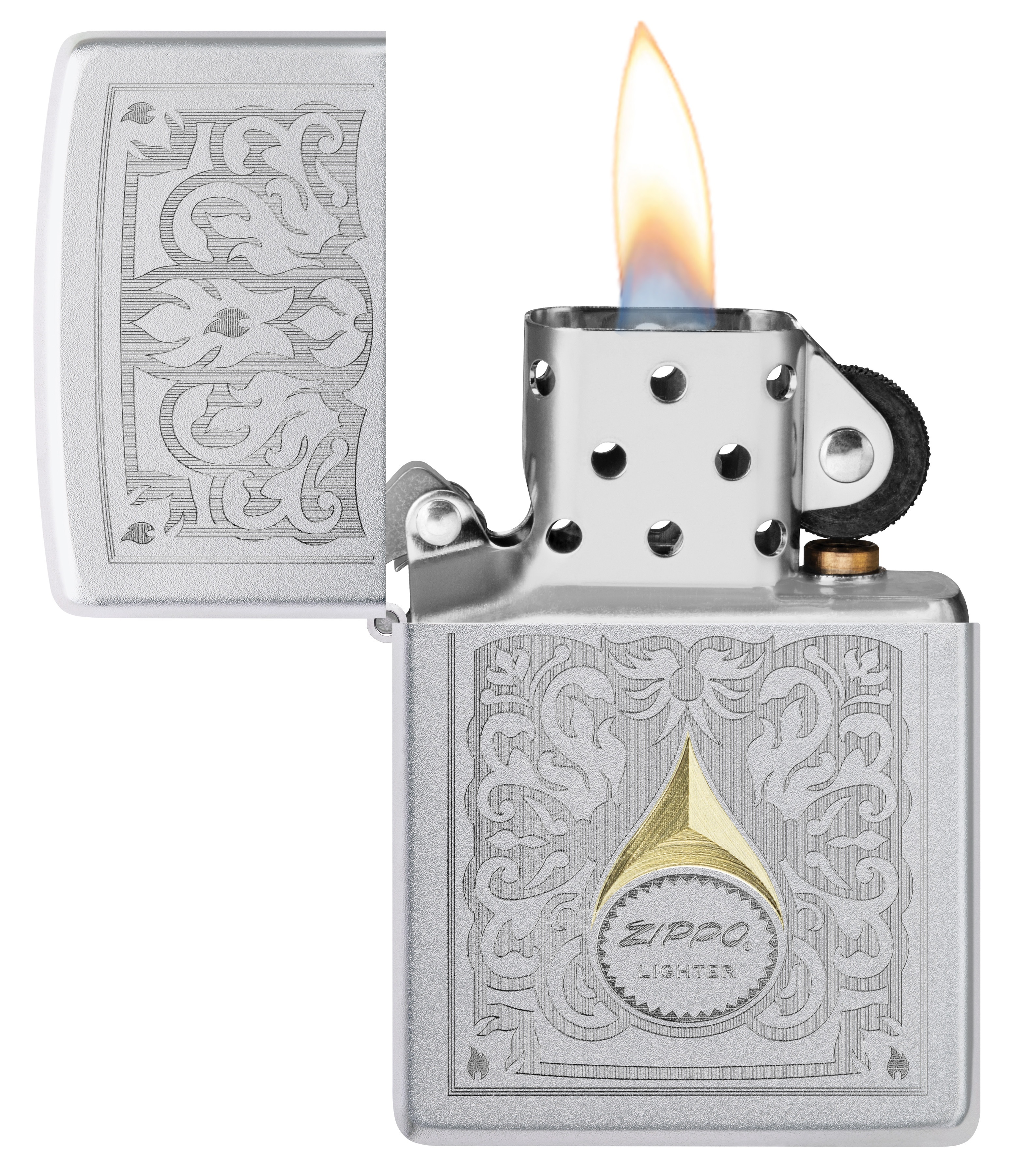 Front shot of Zippo Bejeweled Beetle Design High Polish Brass Windproof Lighter standing at a 3/4 angle.