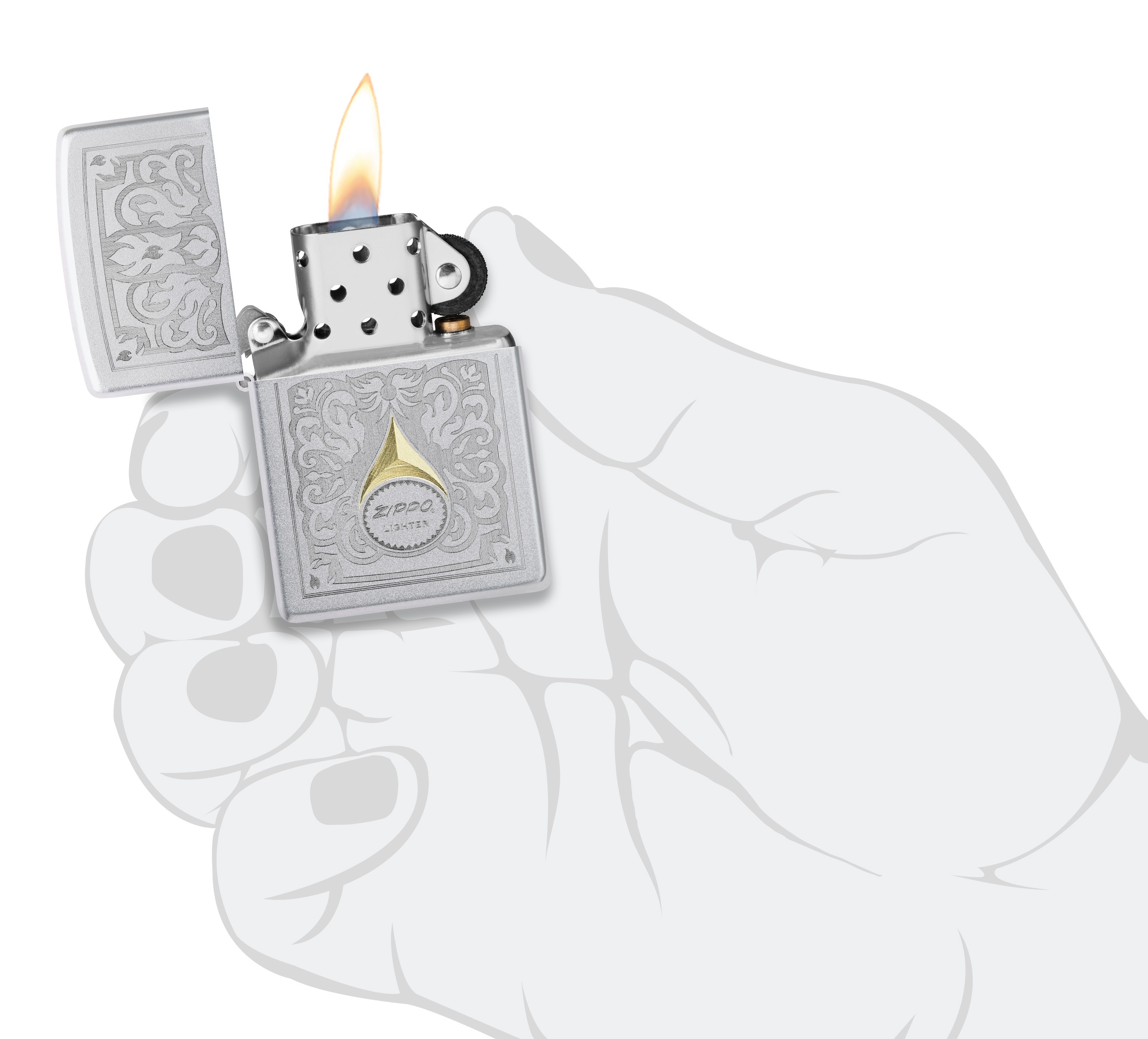 Front shot of Zippo Bejeweled Beetle Design High Polish Brass Windproof Lighter standing at a 3/4 angle.