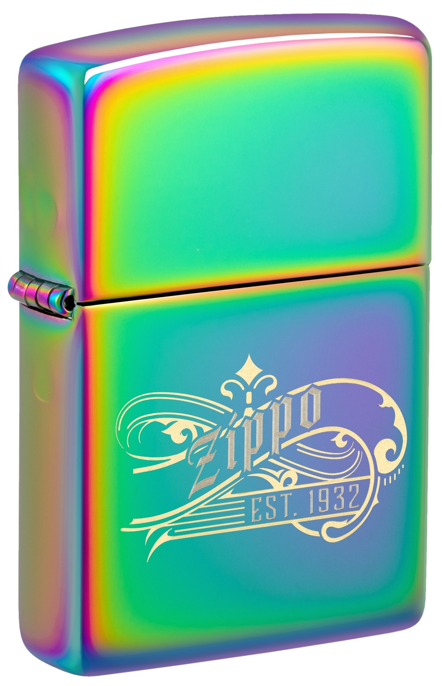 Front shot of Zippo Bejeweled Beetle Design High Polish Brass Windproof Lighter standing at a 3/4 angle.