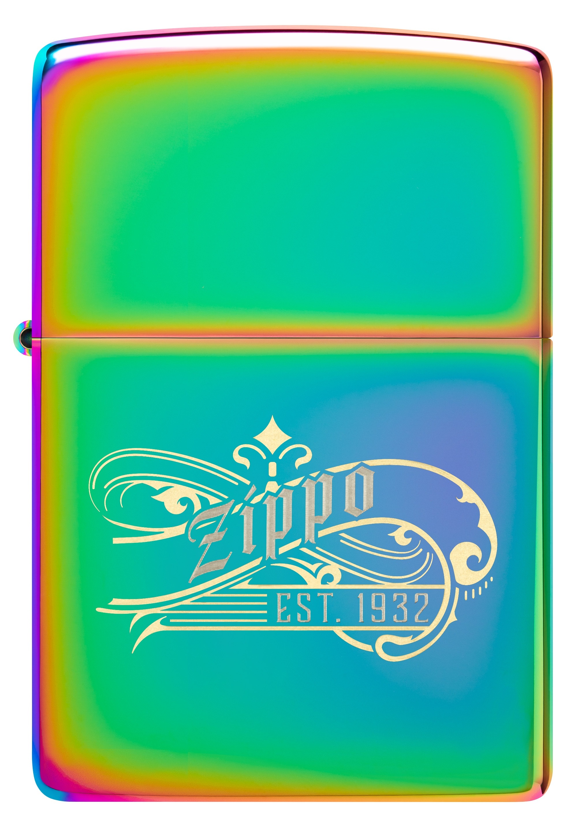 Front shot of Zippo Bejeweled Beetle Design High Polish Brass Windproof Lighter standing at a 3/4 angle.