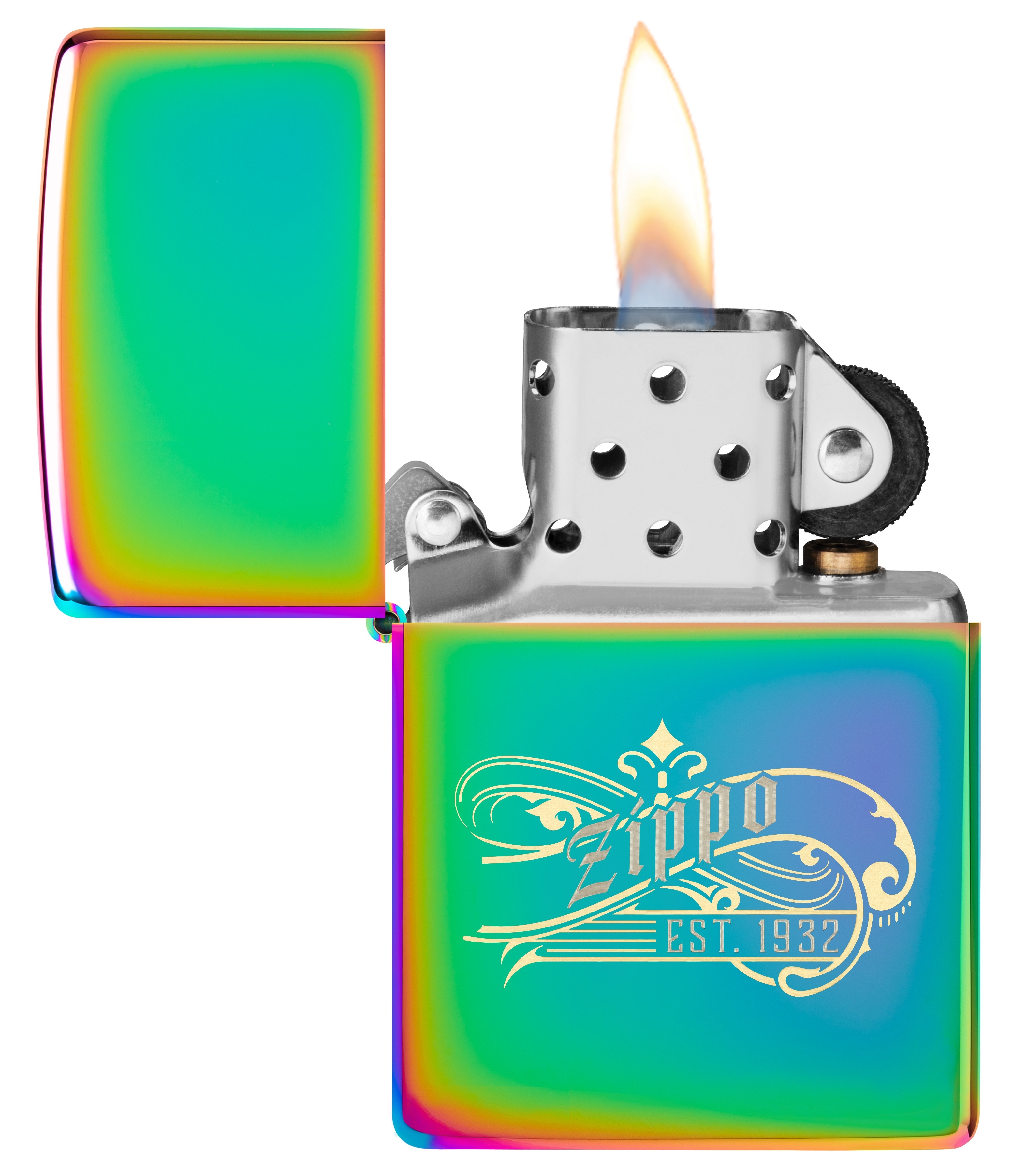 Front shot of Zippo Bejeweled Beetle Design High Polish Brass Windproof Lighter standing at a 3/4 angle.