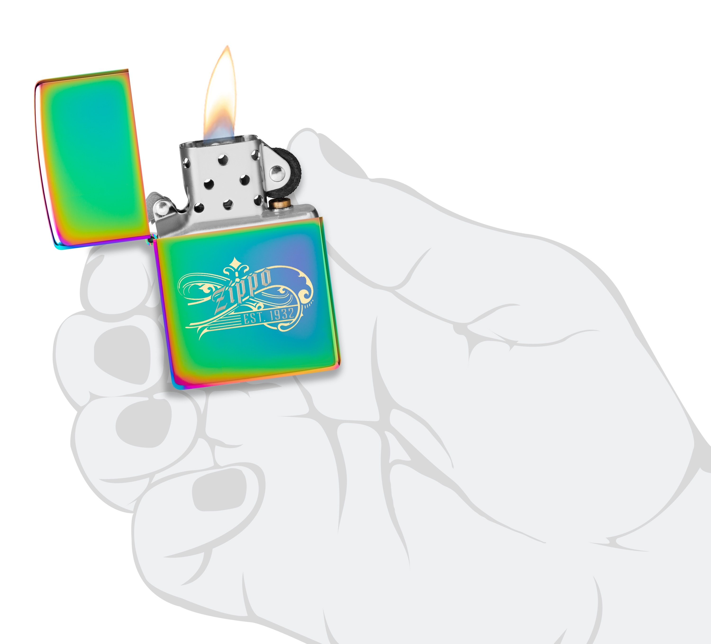 Front shot of Zippo Bejeweled Beetle Design High Polish Brass Windproof Lighter standing at a 3/4 angle.