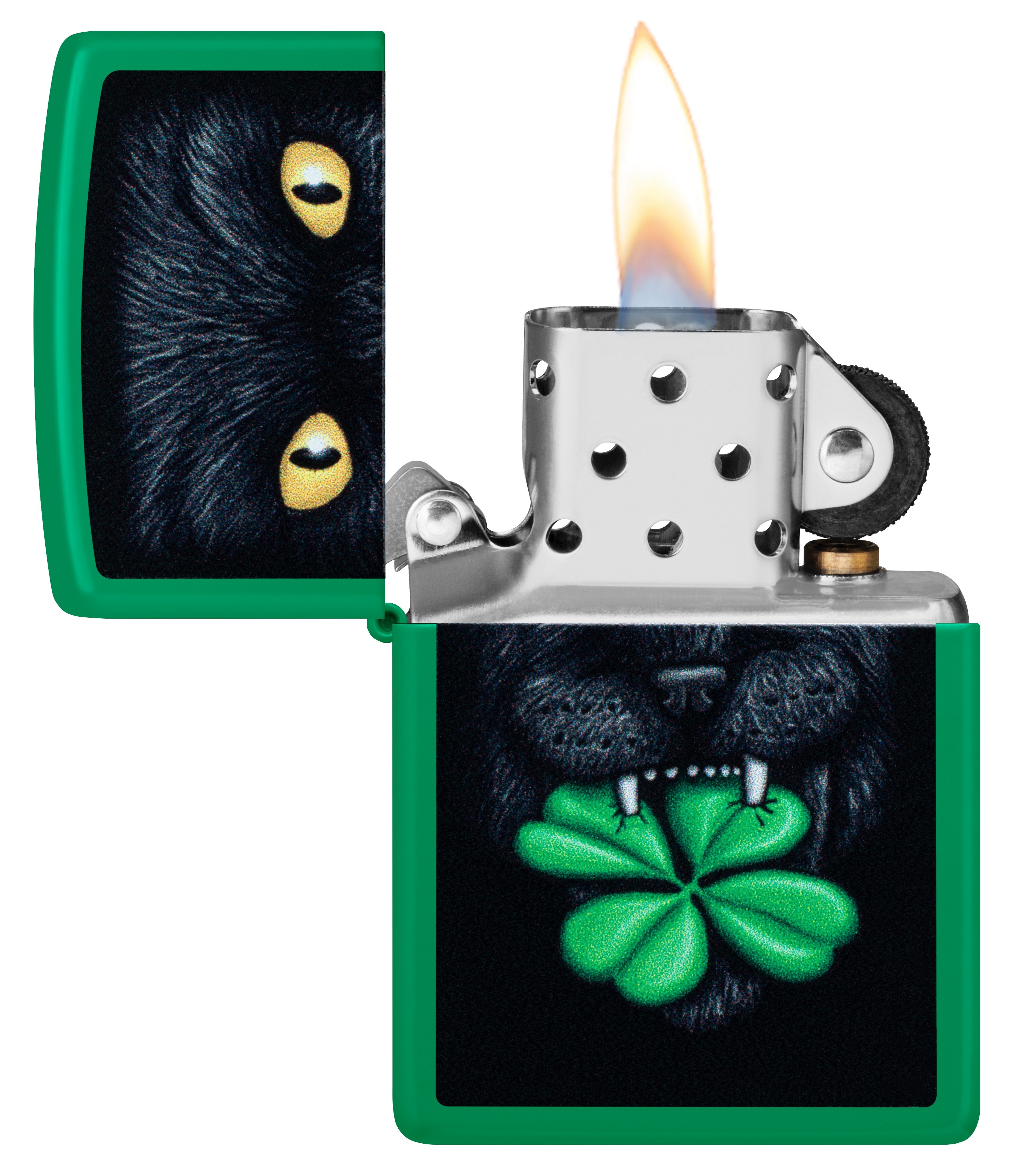 Front shot of Zippo Bejeweled Beetle Design High Polish Brass Windproof Lighter standing at a 3/4 angle.