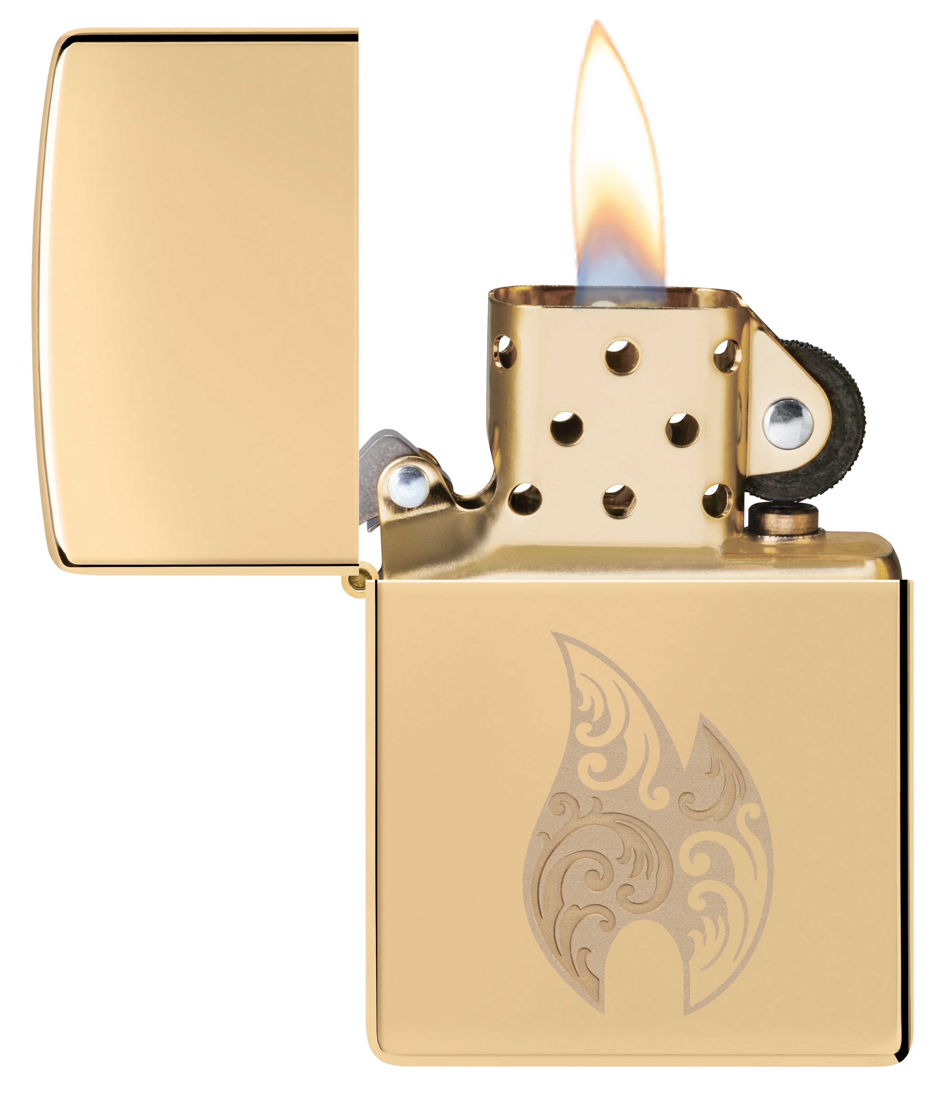 Front shot of Zippo Bejeweled Beetle Design High Polish Brass Windproof Lighter standing at a 3/4 angle.