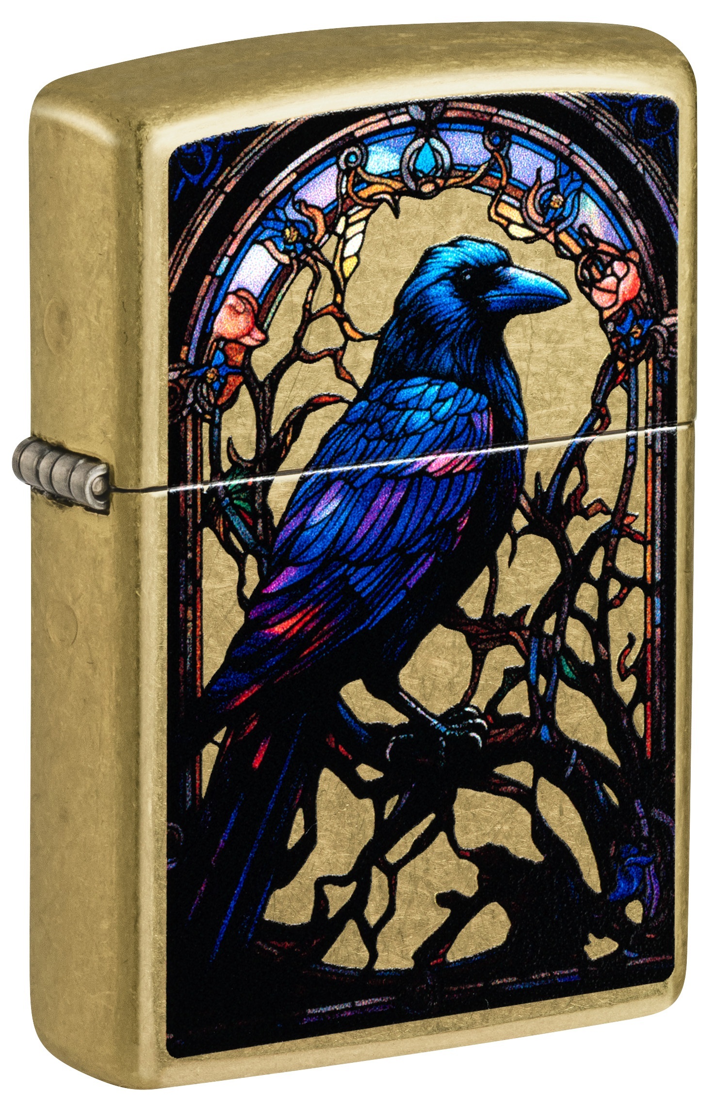 Front shot of Zippo Bejeweled Beetle Design High Polish Brass Windproof Lighter standing at a 3/4 angle.