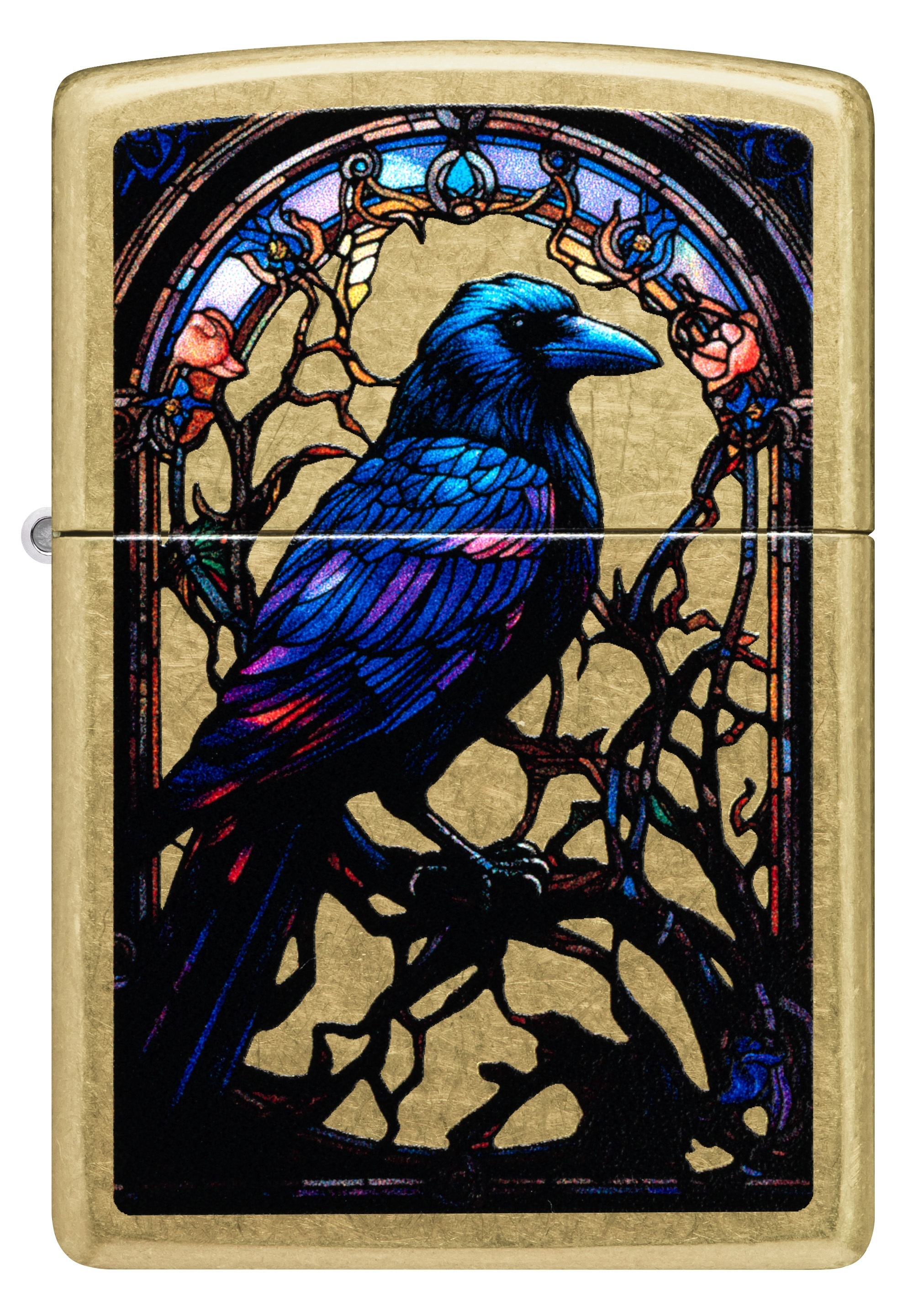 Front shot of Zippo Bejeweled Beetle Design High Polish Brass Windproof Lighter standing at a 3/4 angle.