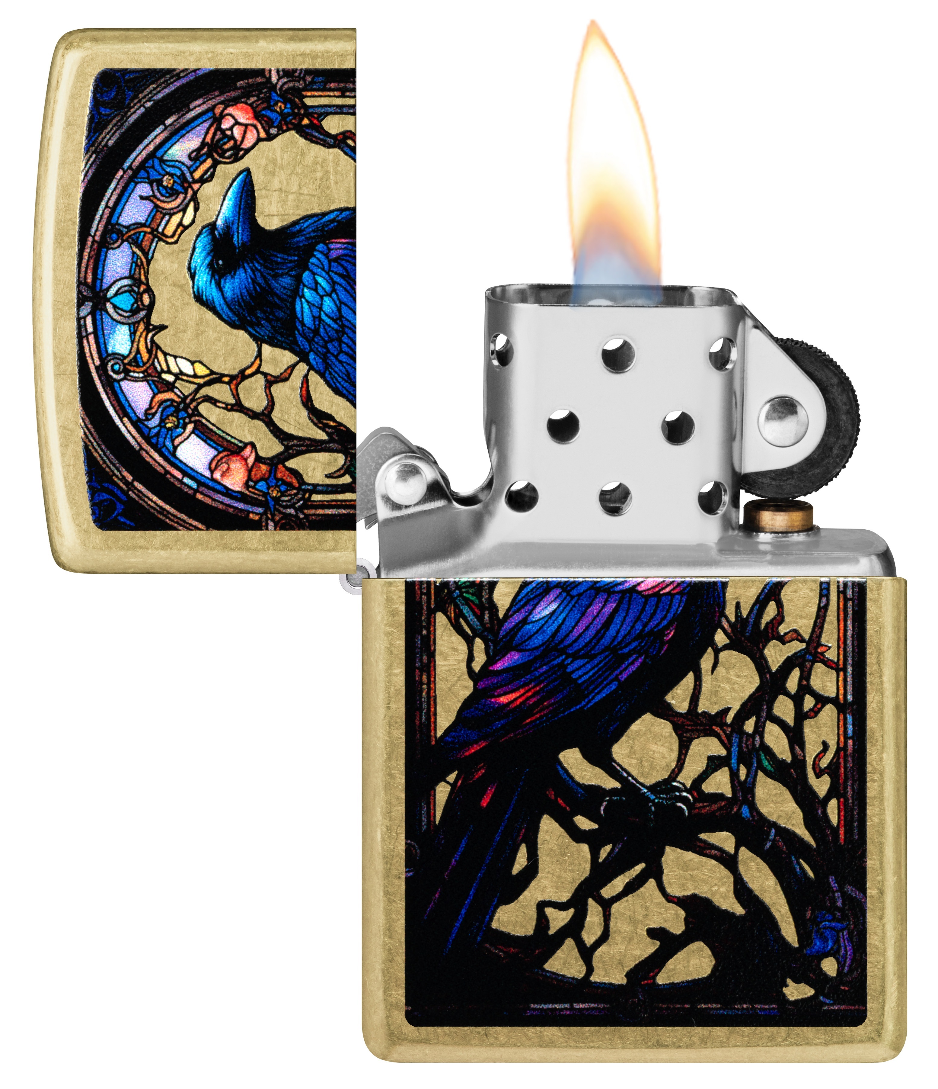 Front shot of Zippo Bejeweled Beetle Design High Polish Brass Windproof Lighter standing at a 3/4 angle.