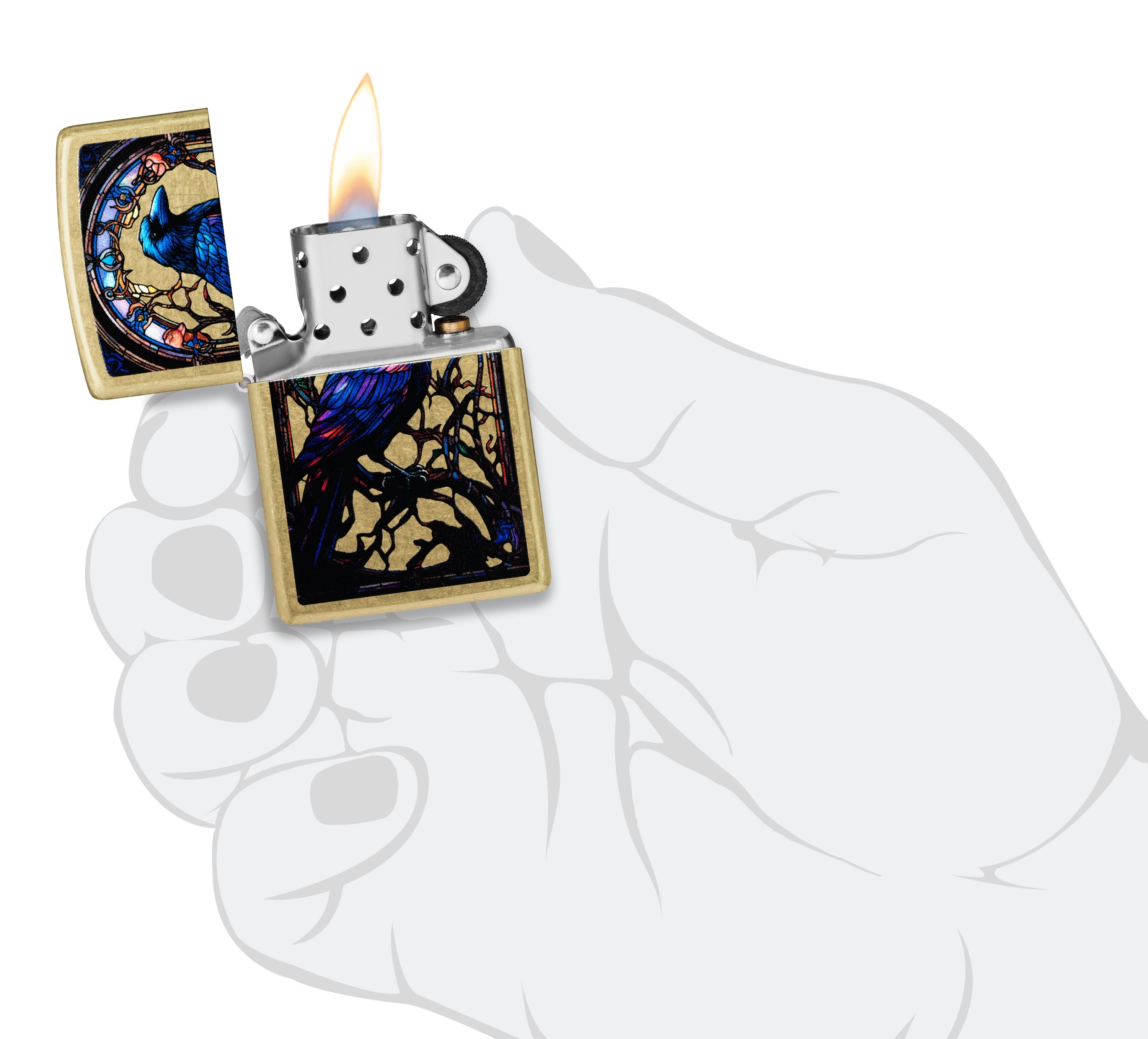 Front shot of Zippo Bejeweled Beetle Design High Polish Brass Windproof Lighter standing at a 3/4 angle.