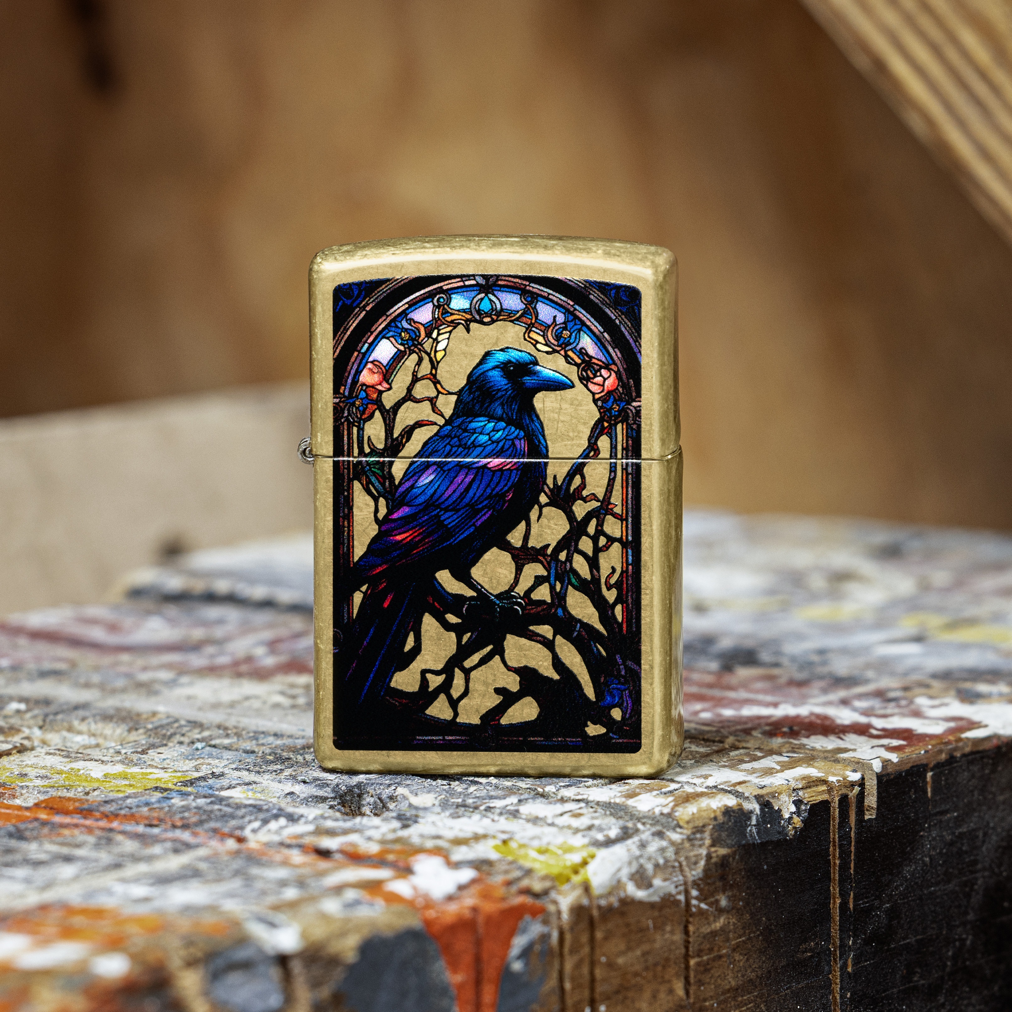 Front shot of Zippo Bejeweled Beetle Design High Polish Brass Windproof Lighter standing at a 3/4 angle.