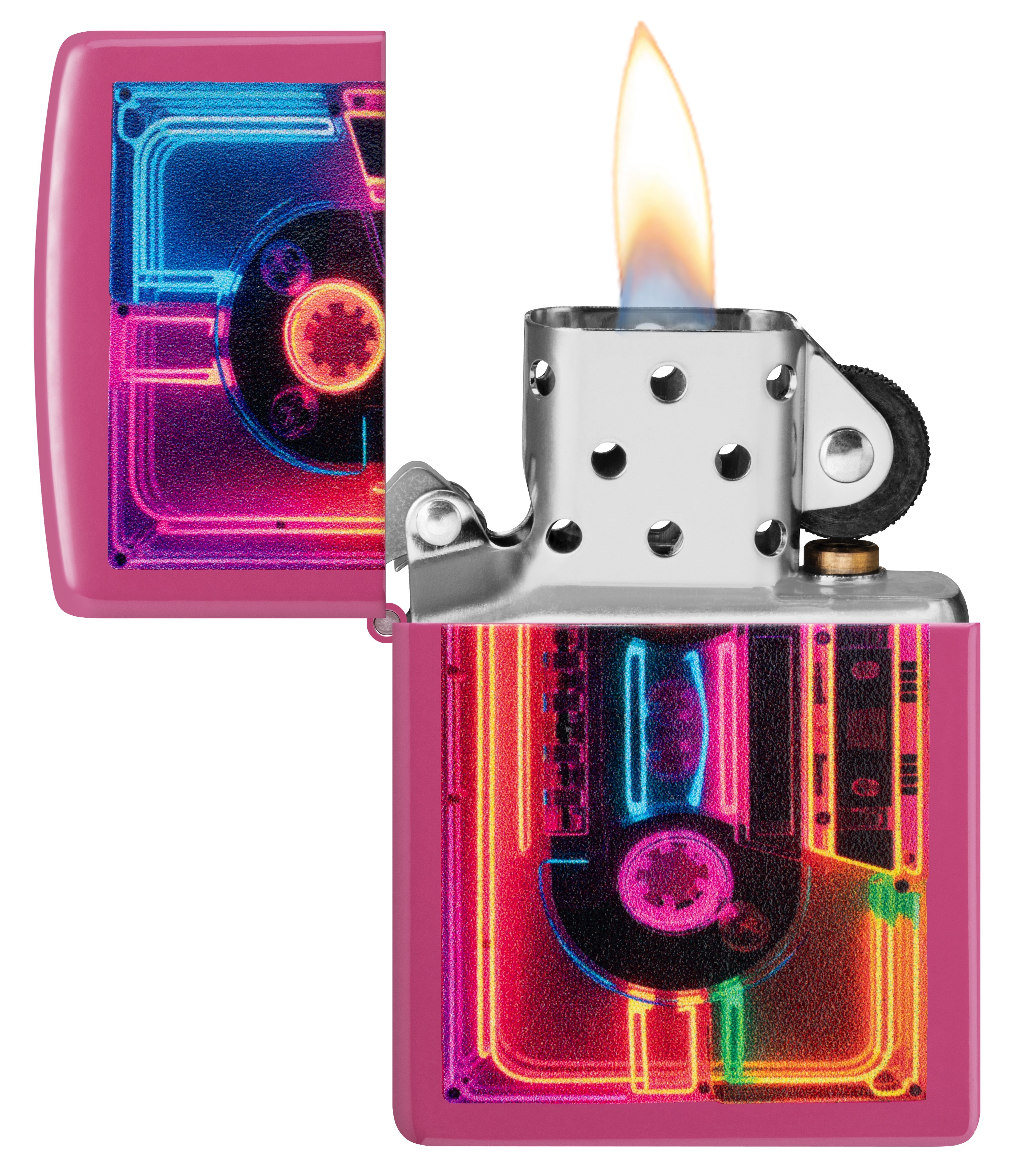 Front shot of Zippo Bejeweled Beetle Design High Polish Brass Windproof Lighter standing at a 3/4 angle.