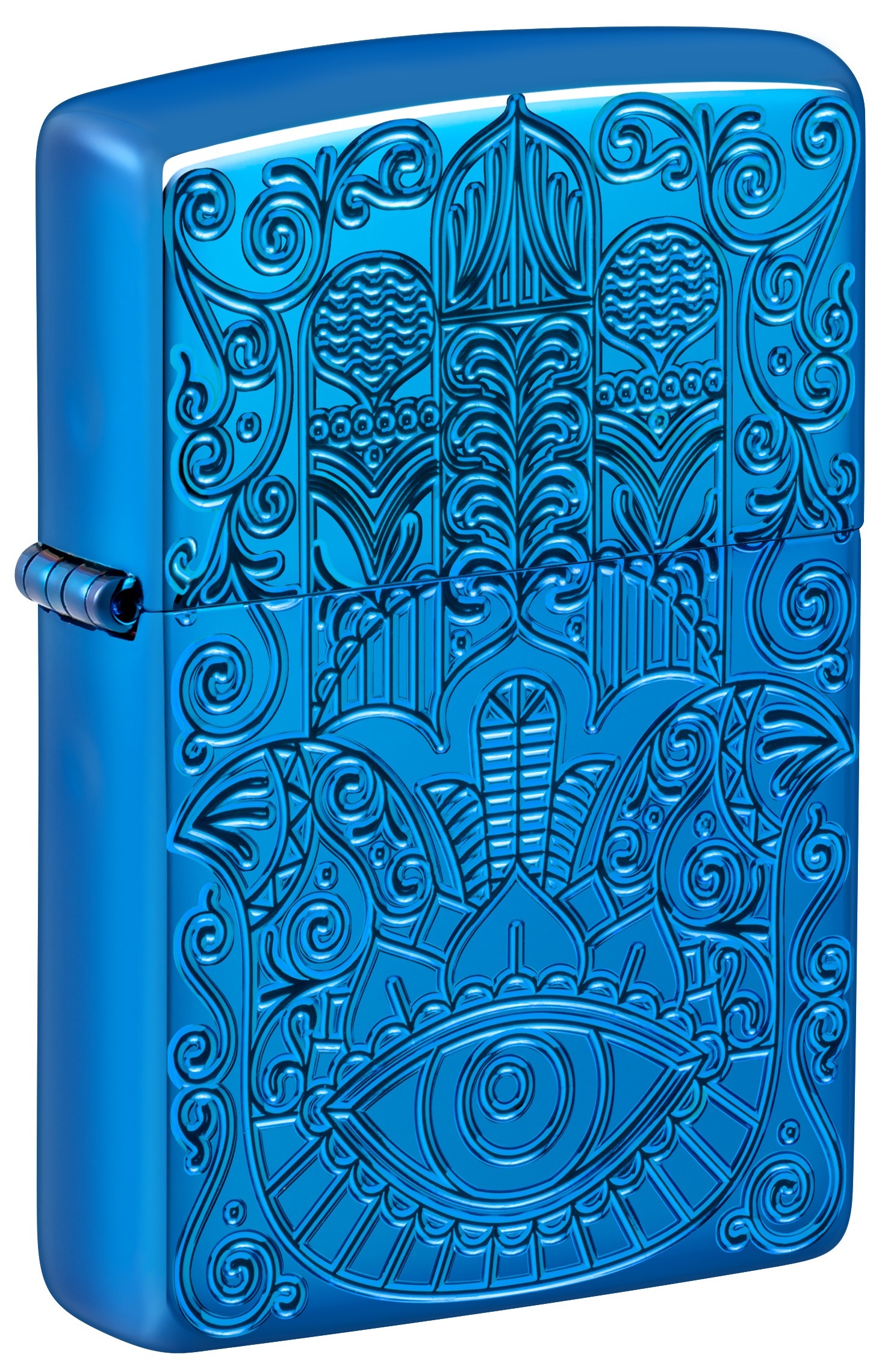 Front shot of Zippo Bejeweled Beetle Design High Polish Brass Windproof Lighter standing at a 3/4 angle.