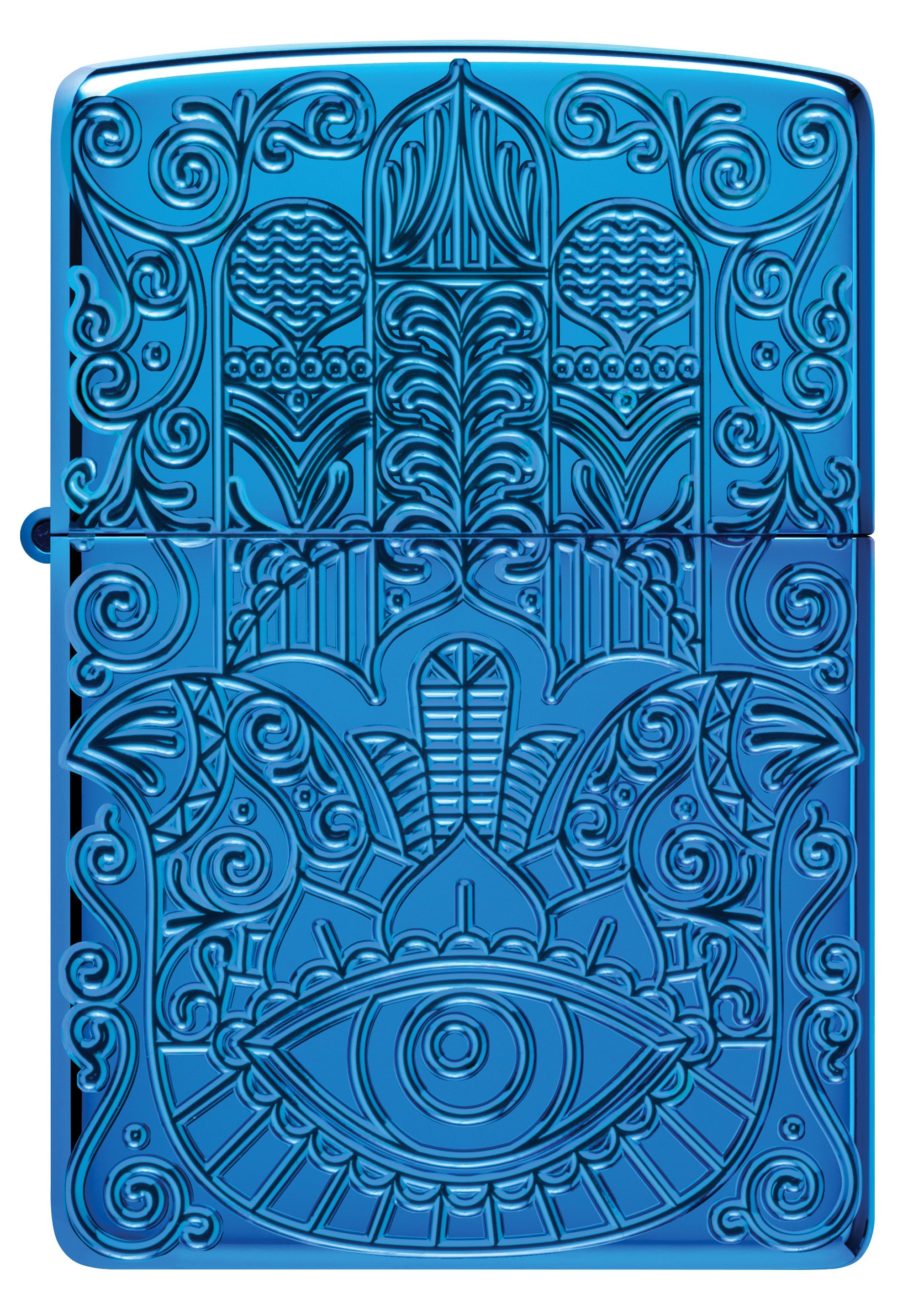 Front shot of Zippo Bejeweled Beetle Design High Polish Brass Windproof Lighter standing at a 3/4 angle.