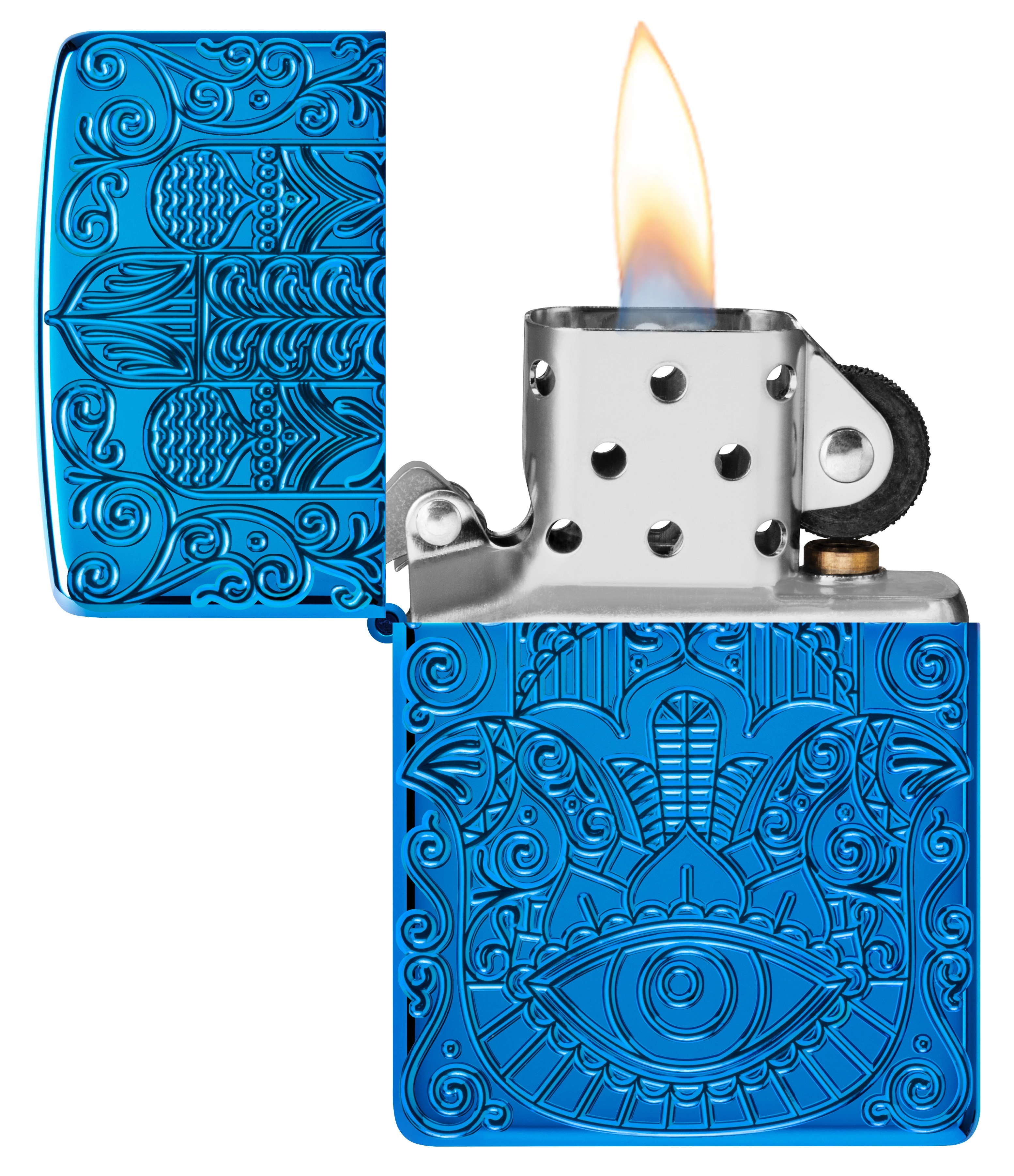 Front shot of Zippo Bejeweled Beetle Design High Polish Brass Windproof Lighter standing at a 3/4 angle.
