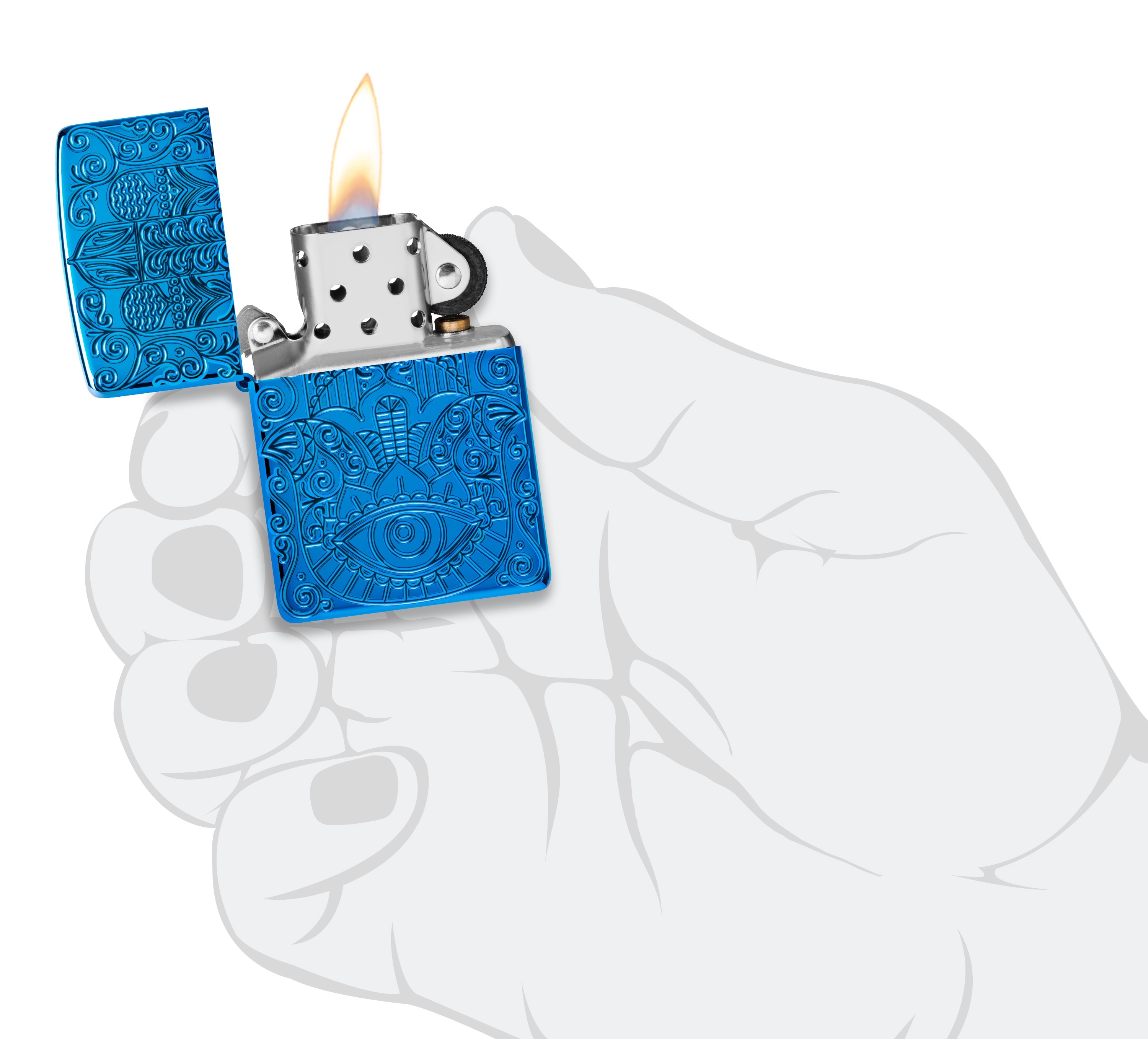 Front shot of Zippo Bejeweled Beetle Design High Polish Brass Windproof Lighter standing at a 3/4 angle.