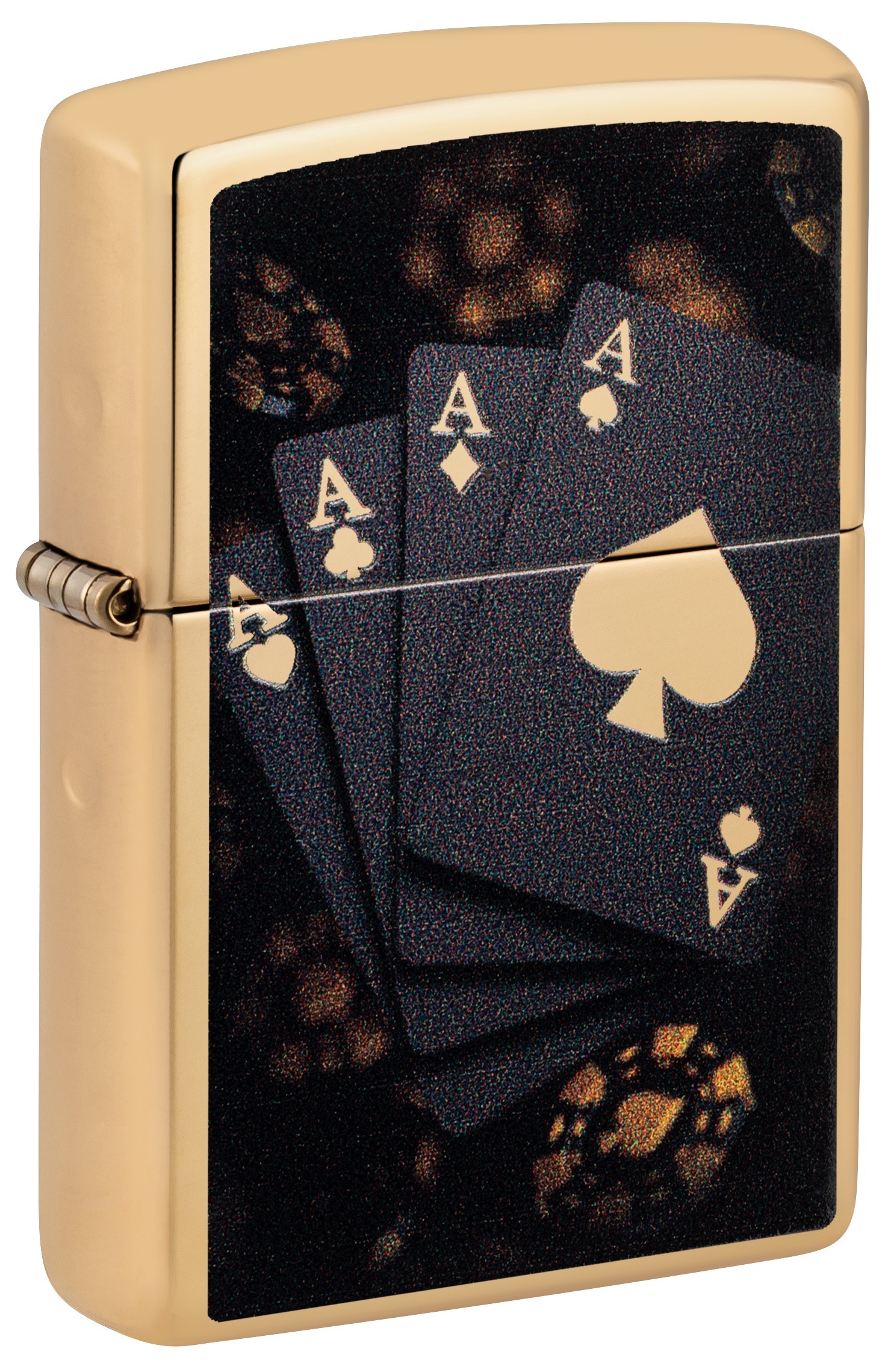 Front shot of Zippo Bejeweled Beetle Design High Polish Brass Windproof Lighter standing at a 3/4 angle.