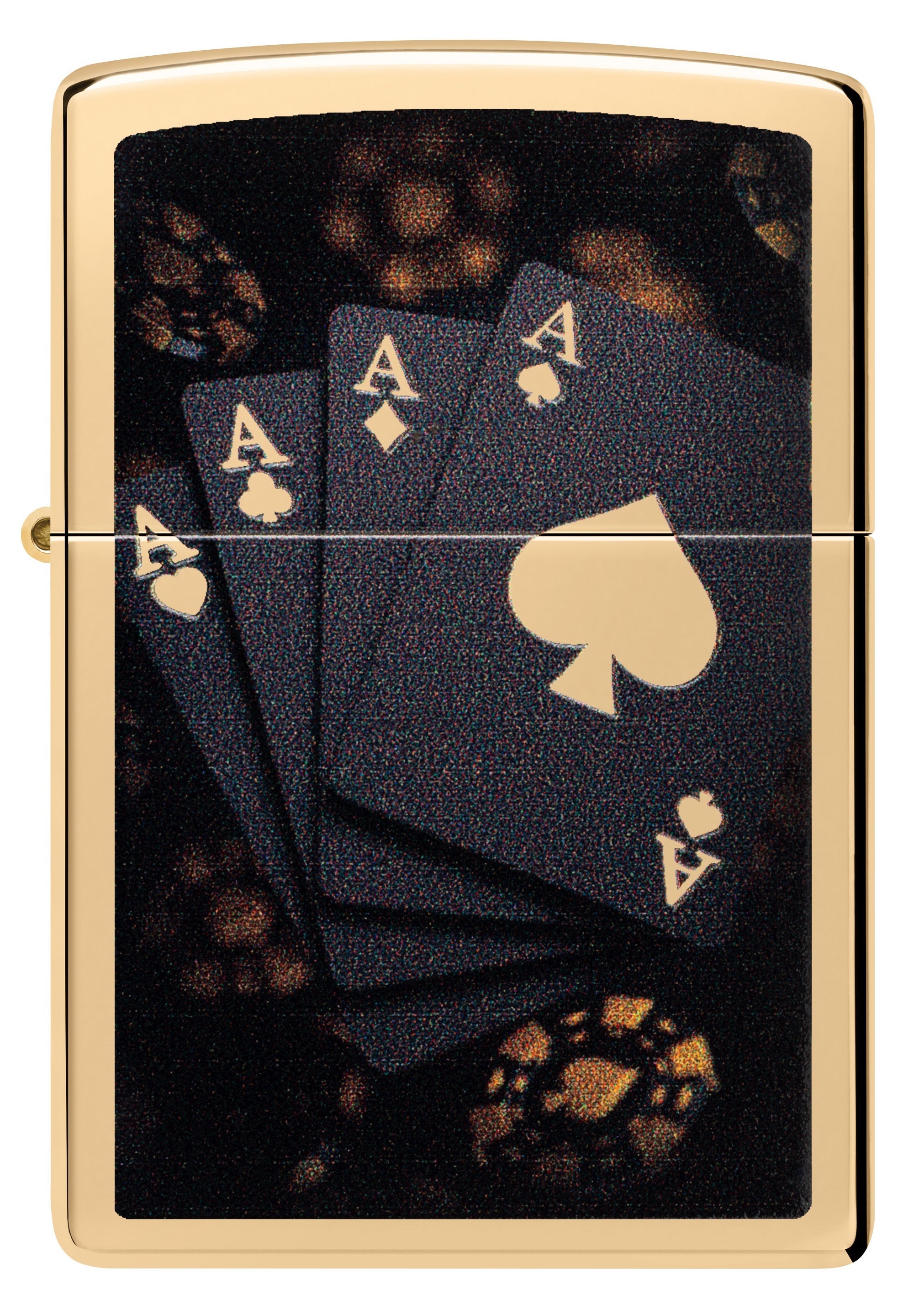 Front shot of Zippo Bejeweled Beetle Design High Polish Brass Windproof Lighter standing at a 3/4 angle.