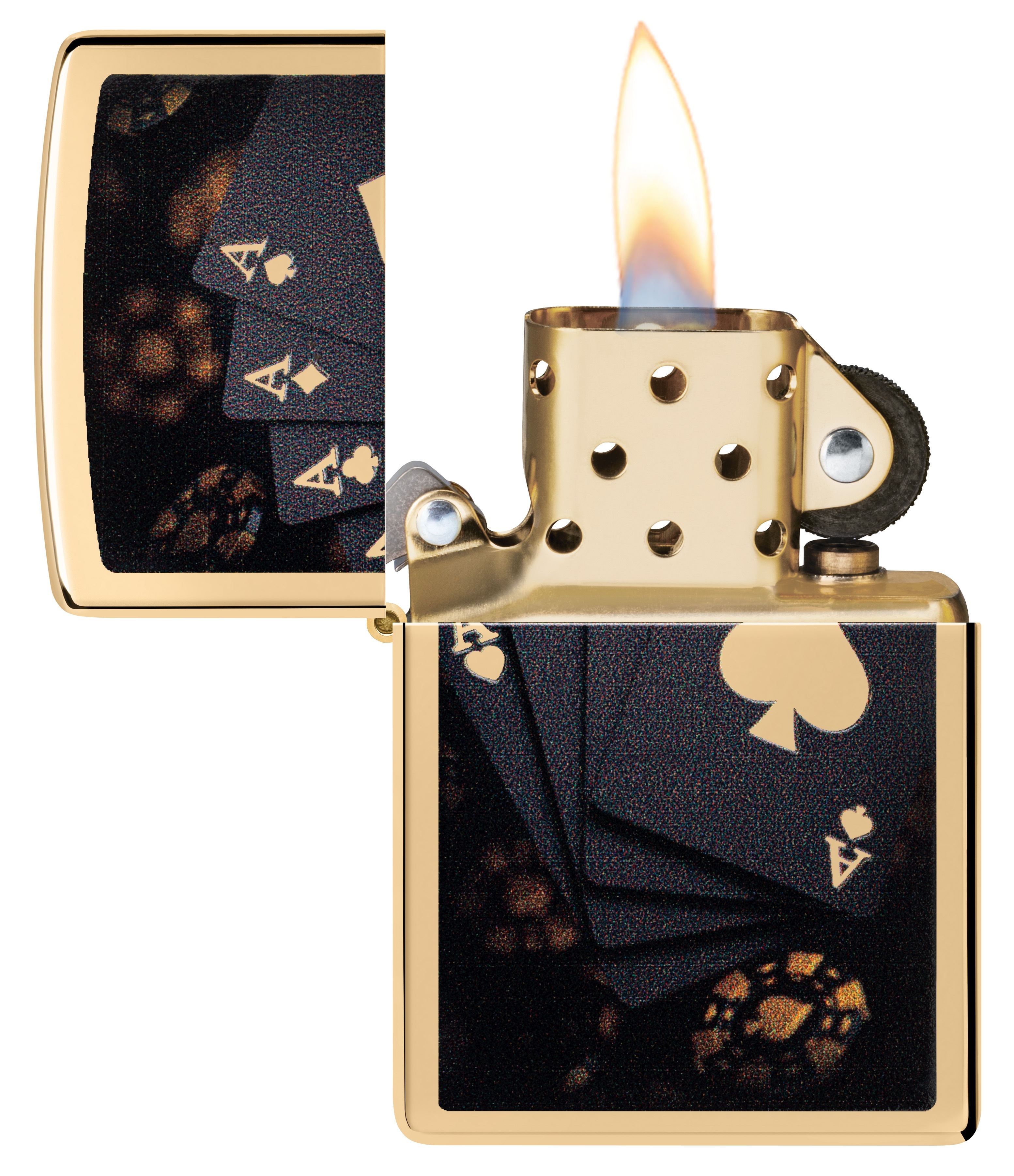 Front shot of Zippo Bejeweled Beetle Design High Polish Brass Windproof Lighter standing at a 3/4 angle.
