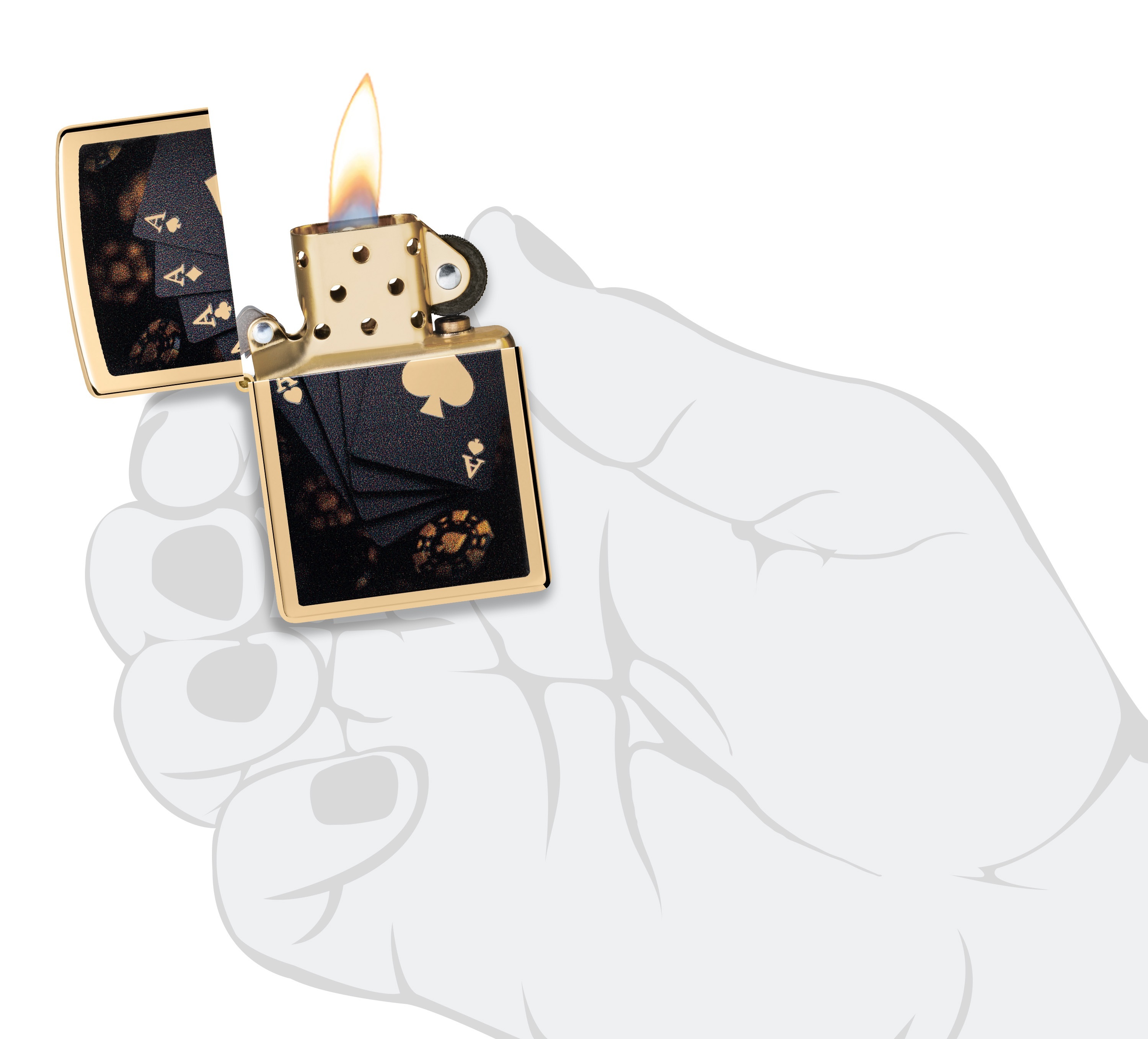 Front shot of Zippo Bejeweled Beetle Design High Polish Brass Windproof Lighter standing at a 3/4 angle.