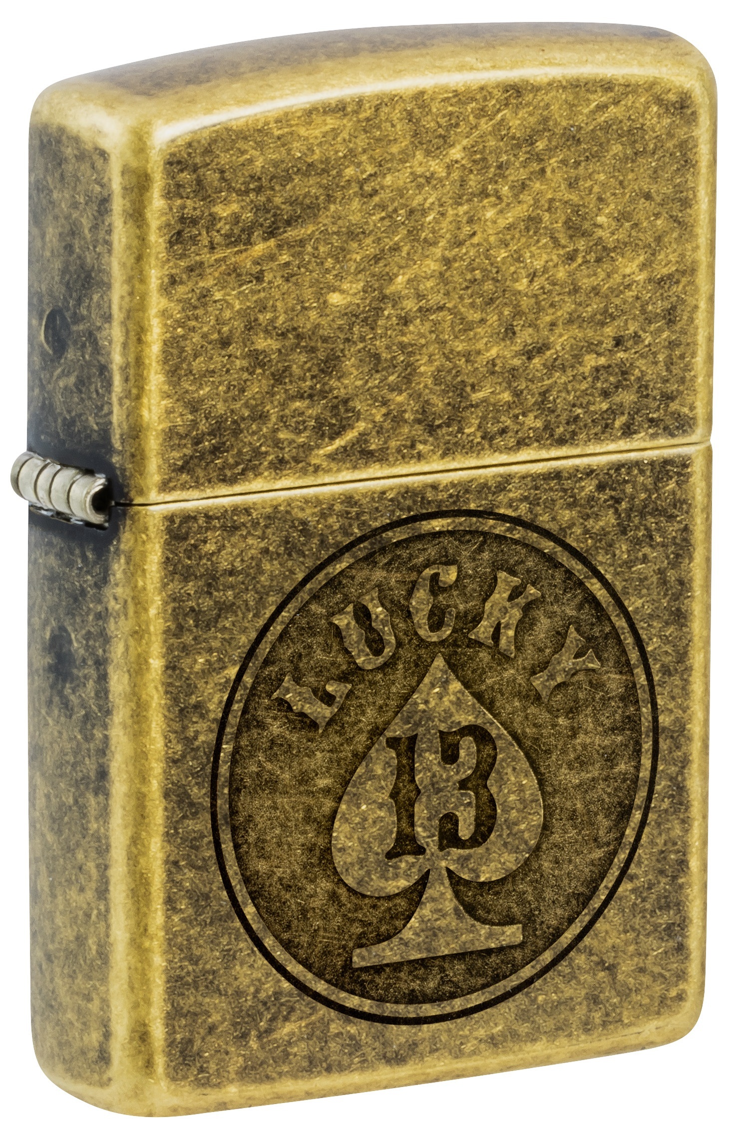 Front shot of Zippo Bejeweled Beetle Design High Polish Brass Windproof Lighter standing at a 3/4 angle.
