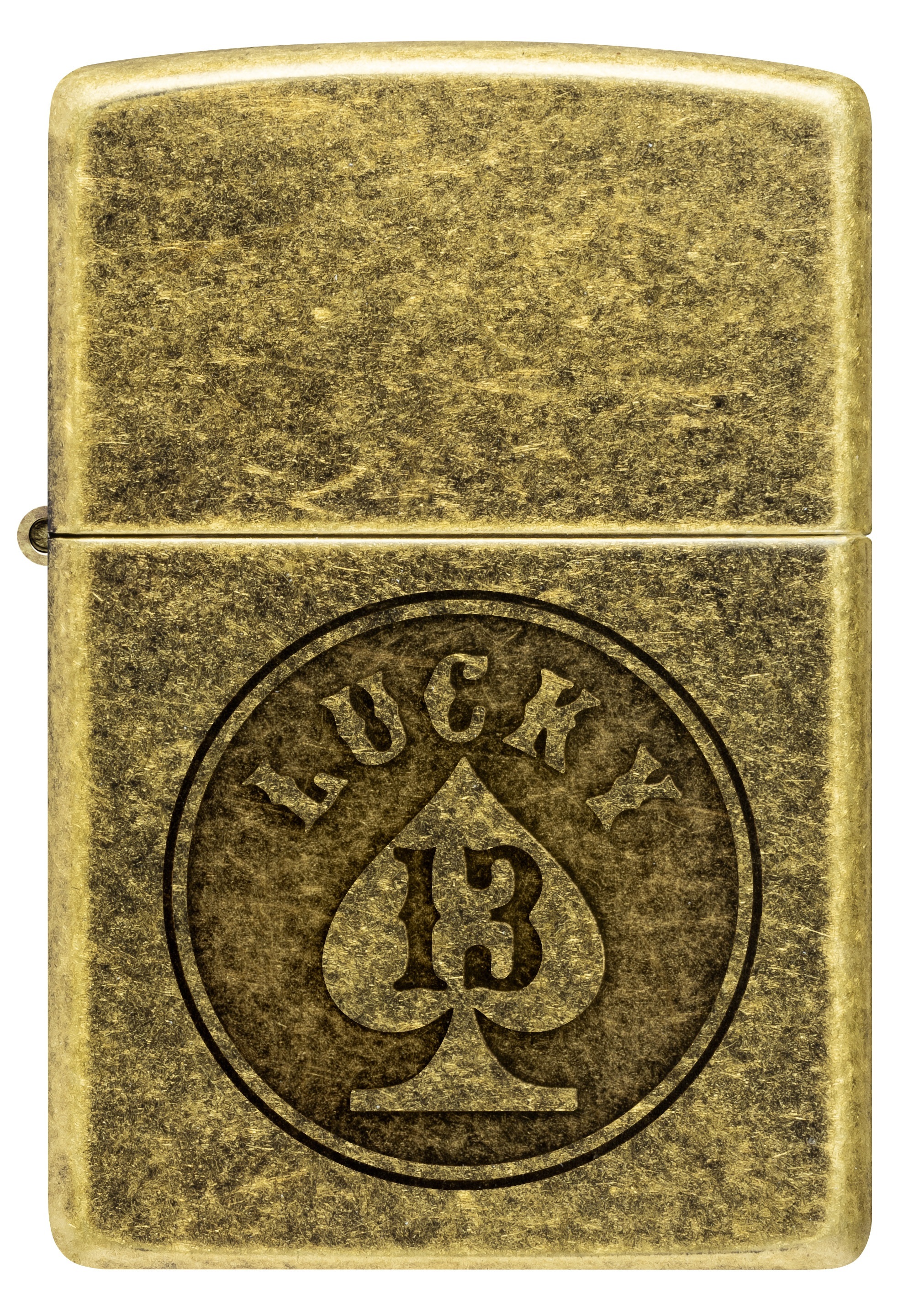 Front shot of Zippo Bejeweled Beetle Design High Polish Brass Windproof Lighter standing at a 3/4 angle.