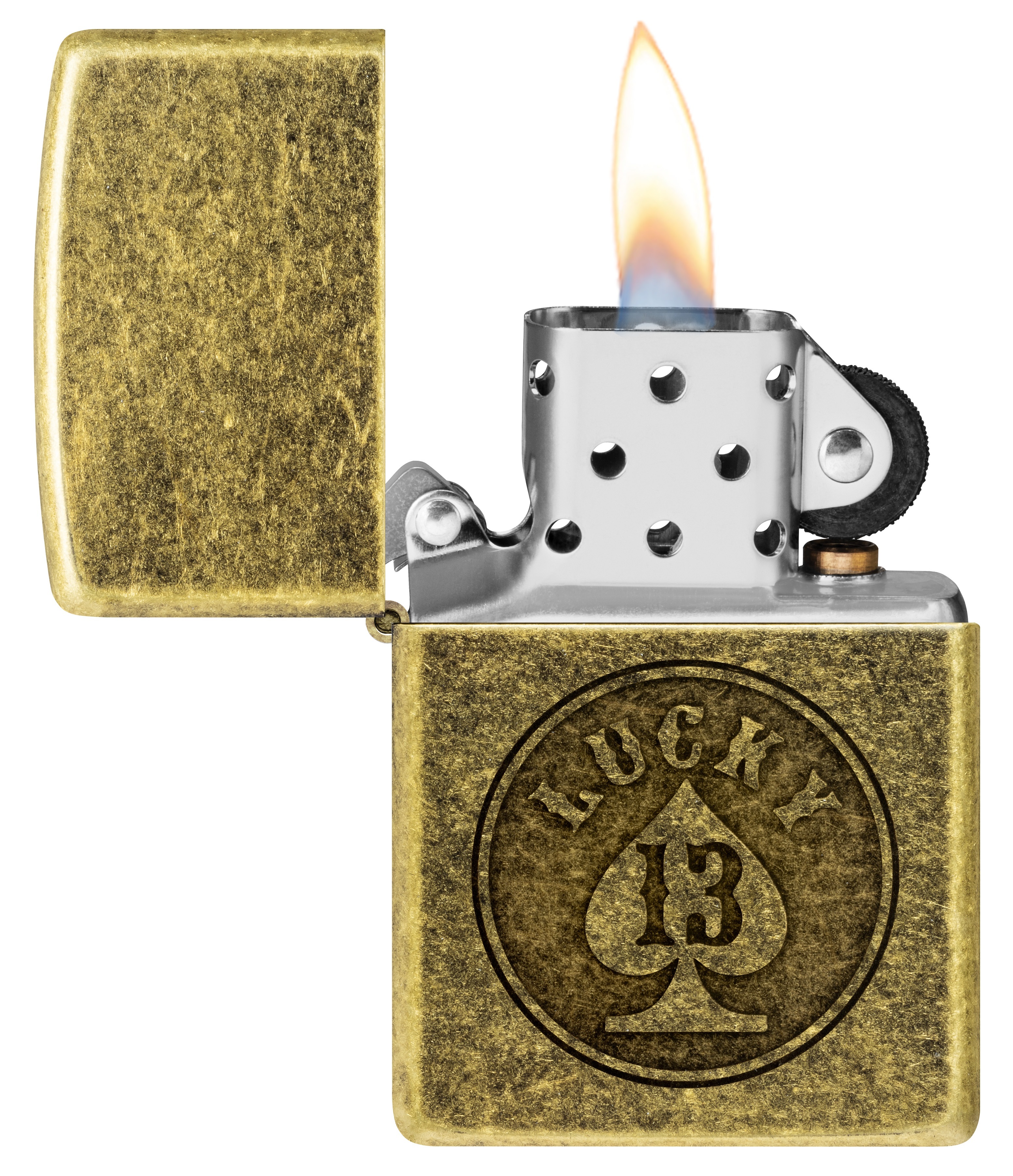 Front shot of Zippo Bejeweled Beetle Design High Polish Brass Windproof Lighter standing at a 3/4 angle.