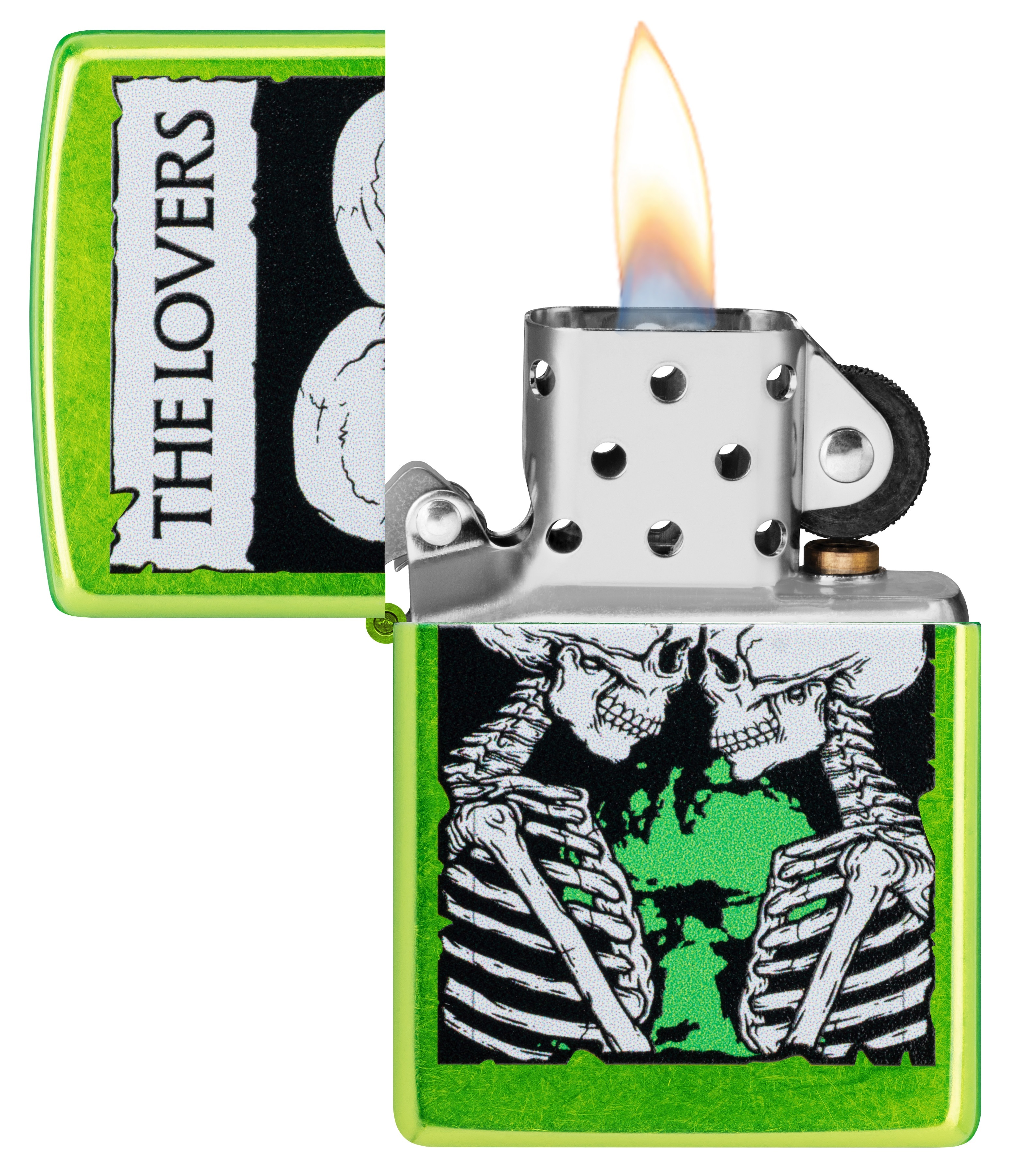 Front shot of Zippo Bejeweled Beetle Design High Polish Brass Windproof Lighter standing at a 3/4 angle.