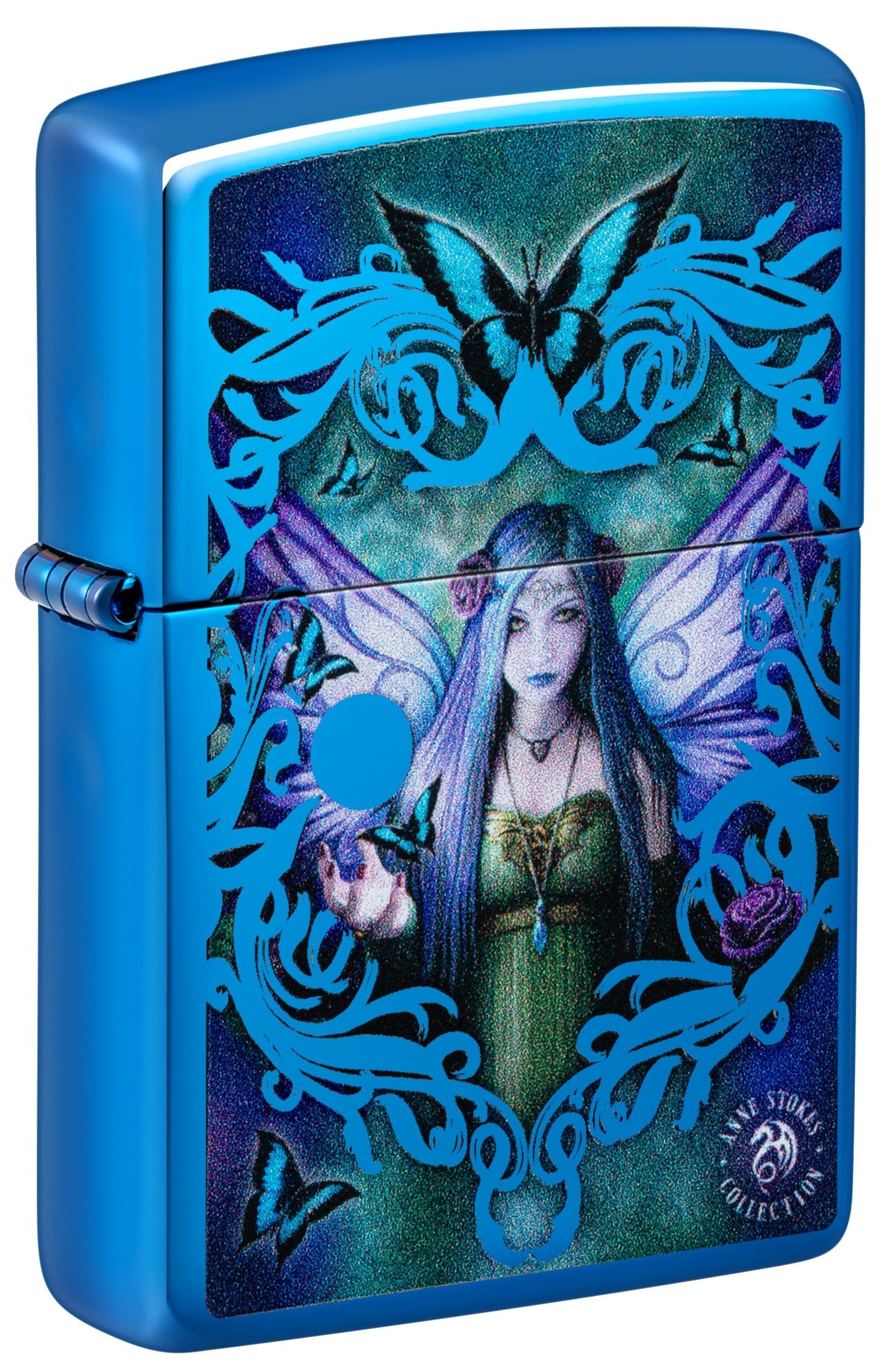 Front shot of Zippo Bejeweled Beetle Design High Polish Brass Windproof Lighter standing at a 3/4 angle.