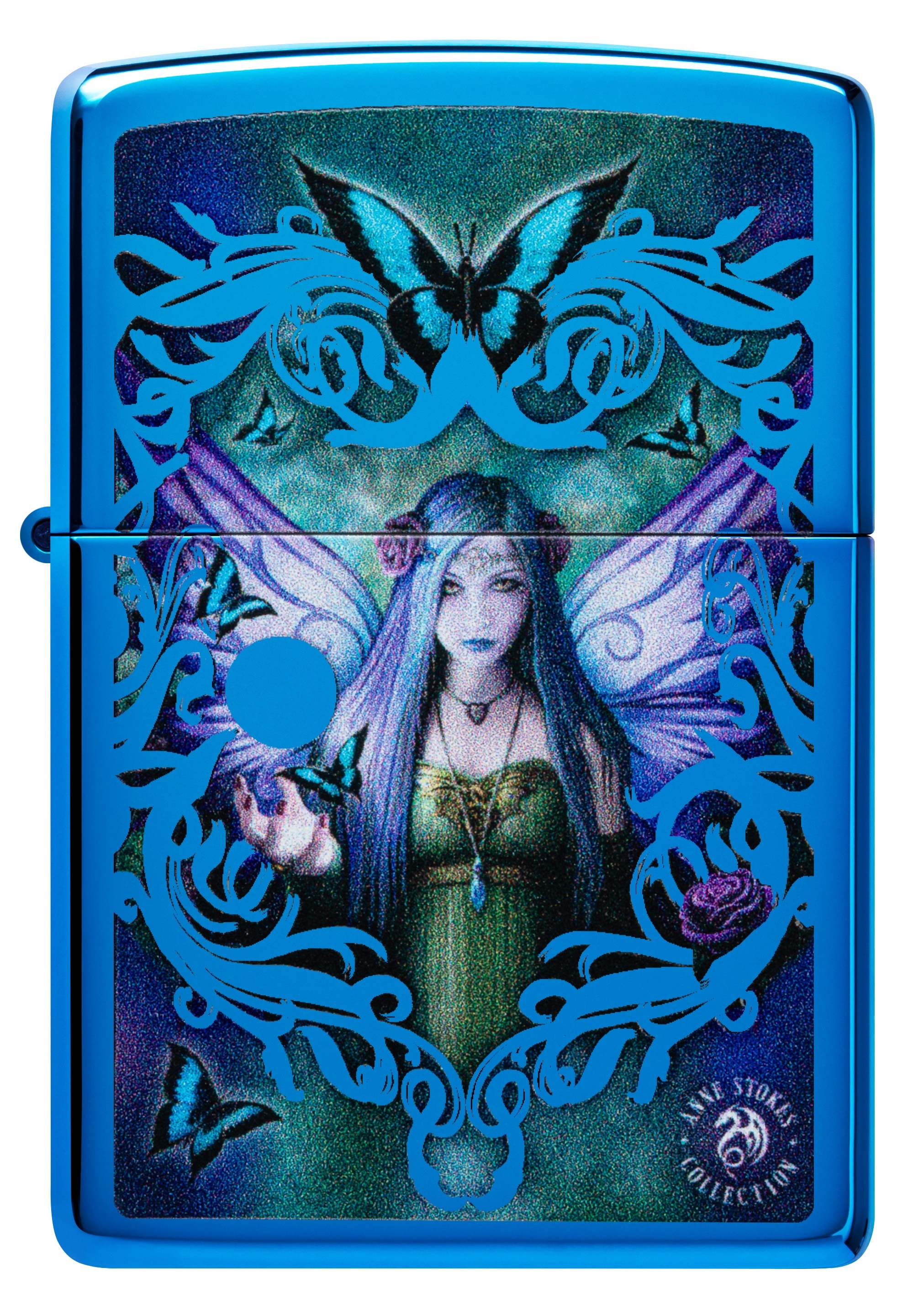 Front shot of Zippo Bejeweled Beetle Design High Polish Brass Windproof Lighter standing at a 3/4 angle.