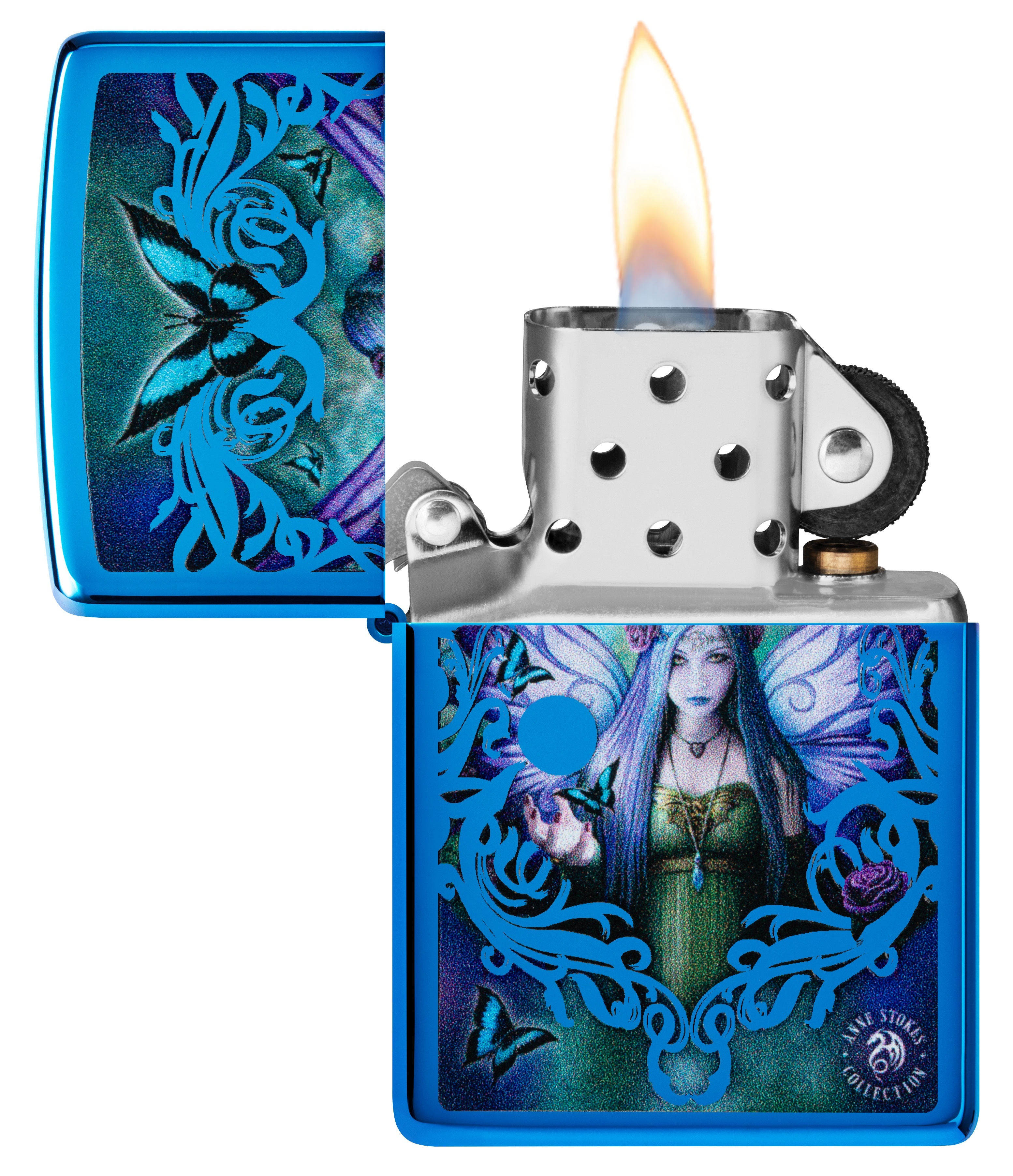 Front shot of Zippo Bejeweled Beetle Design High Polish Brass Windproof Lighter standing at a 3/4 angle.