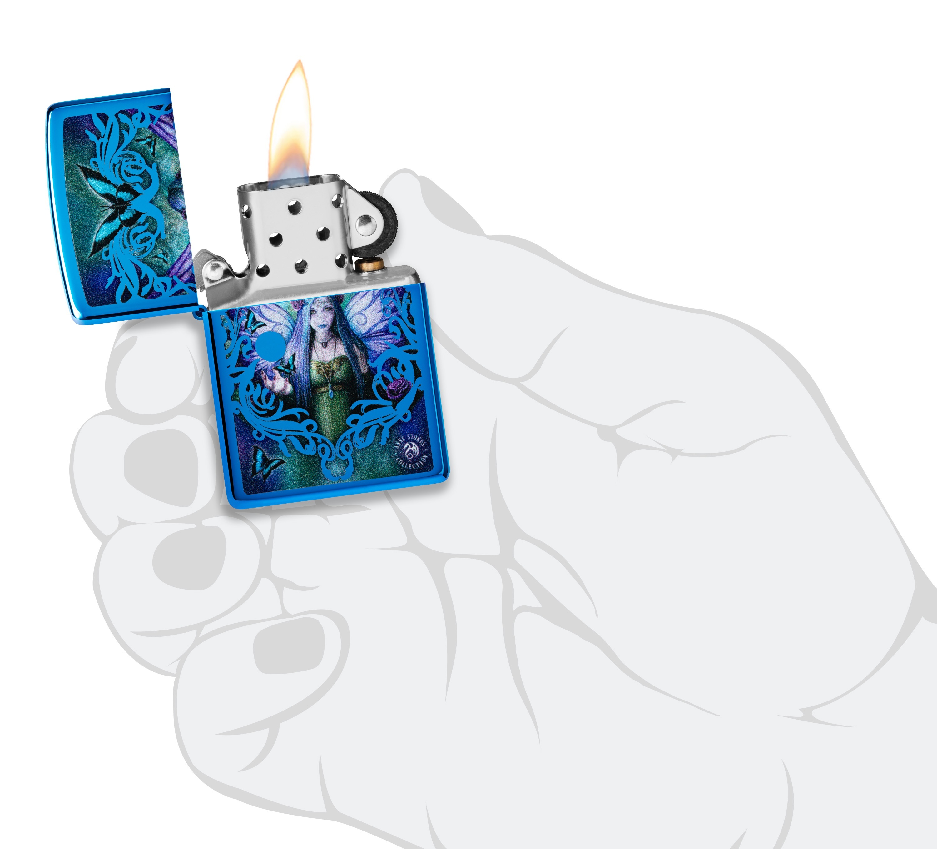 Front shot of Zippo Bejeweled Beetle Design High Polish Brass Windproof Lighter standing at a 3/4 angle.