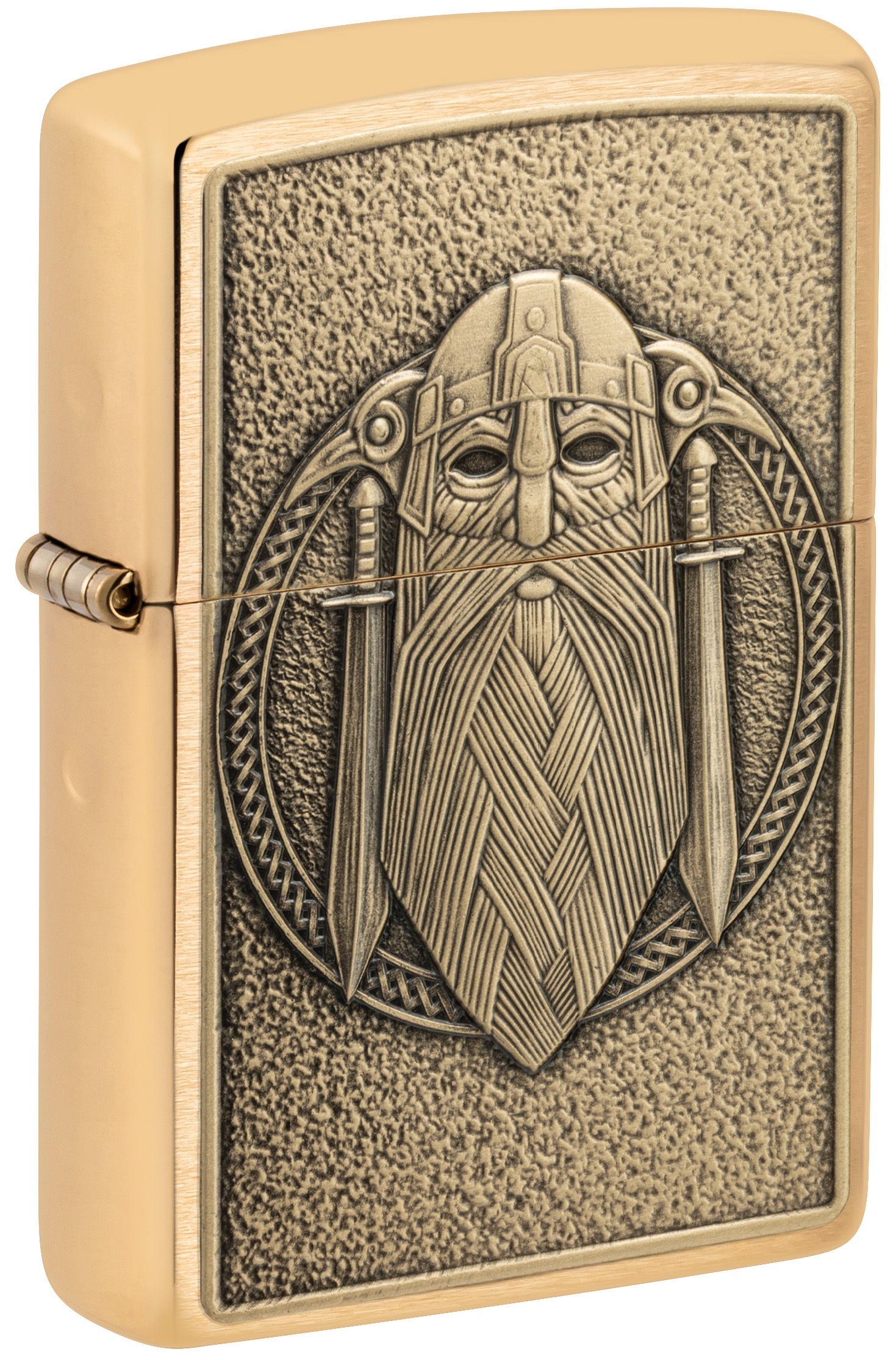 Front shot of Zippo Bejeweled Beetle Design High Polish Brass Windproof Lighter standing at a 3/4 angle.