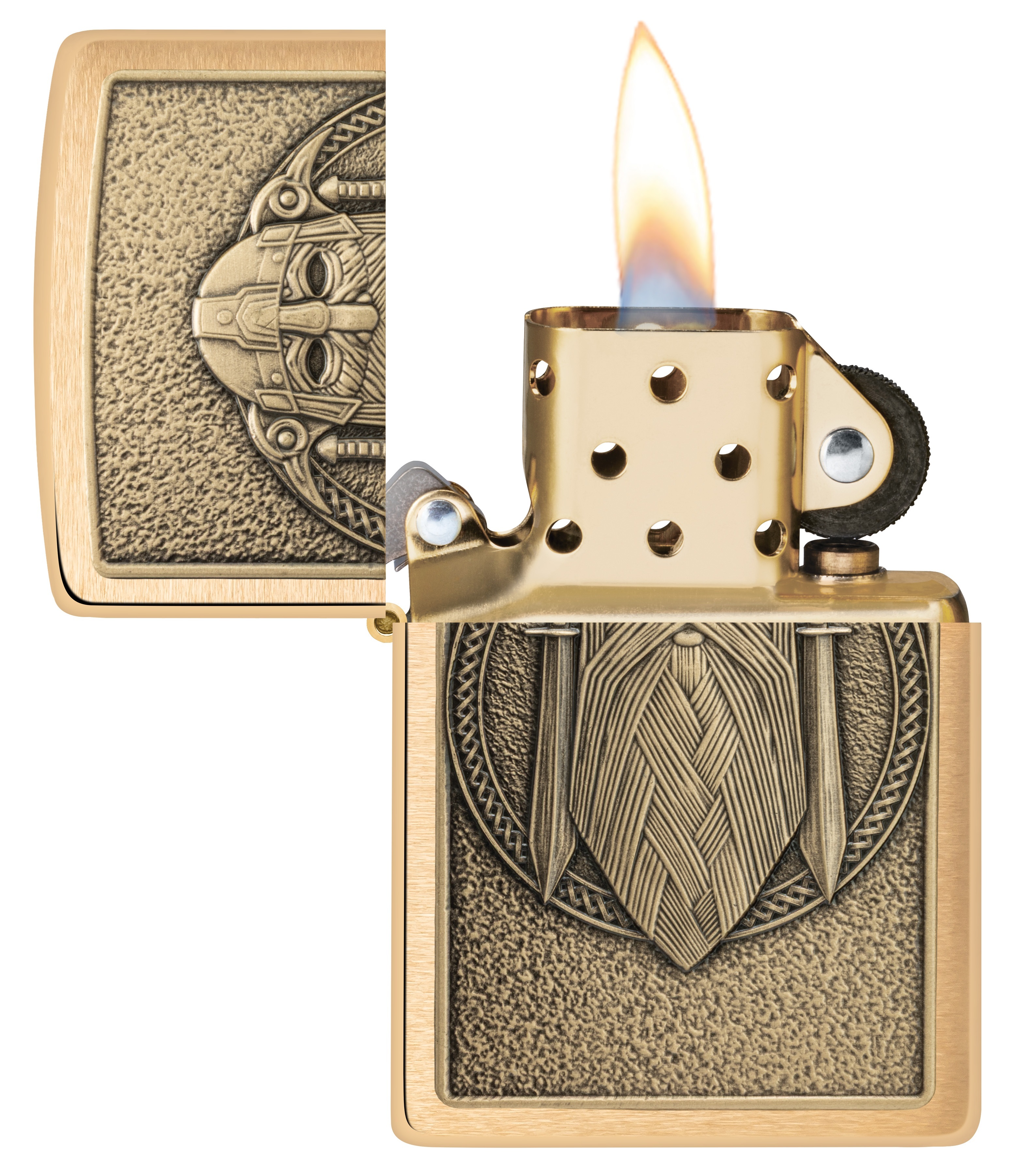 Front shot of Zippo Bejeweled Beetle Design High Polish Brass Windproof Lighter standing at a 3/4 angle.