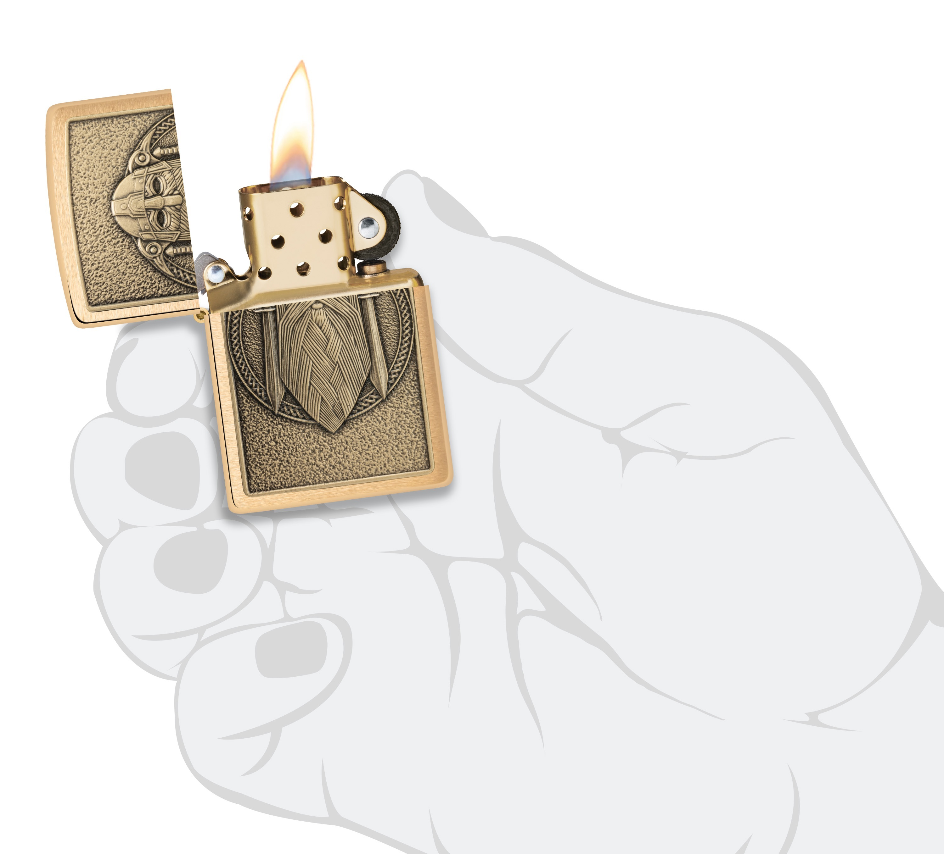 Front shot of Zippo Bejeweled Beetle Design High Polish Brass Windproof Lighter standing at a 3/4 angle.