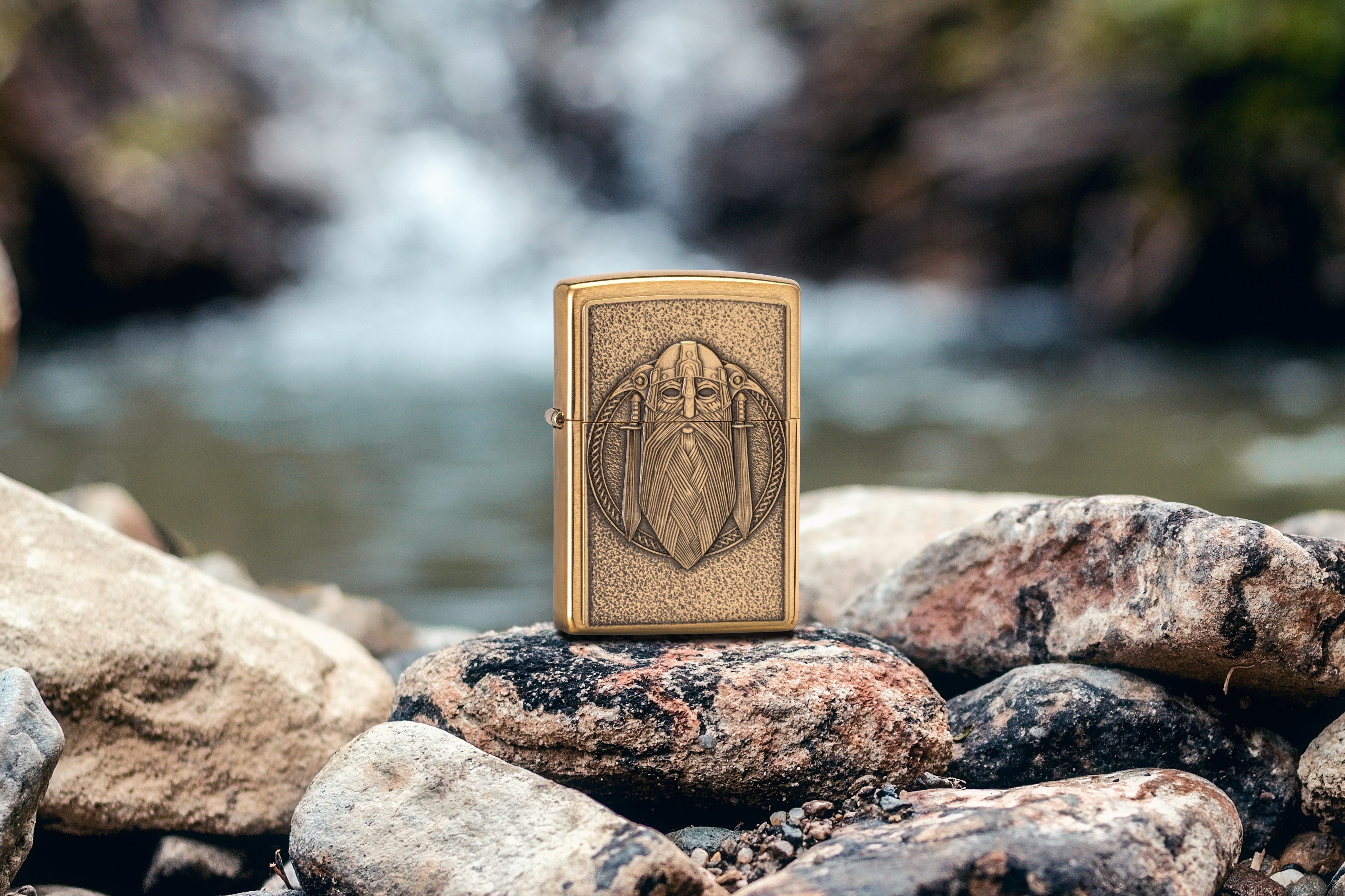 Front shot of Zippo Bejeweled Beetle Design High Polish Brass Windproof Lighter standing at a 3/4 angle.
