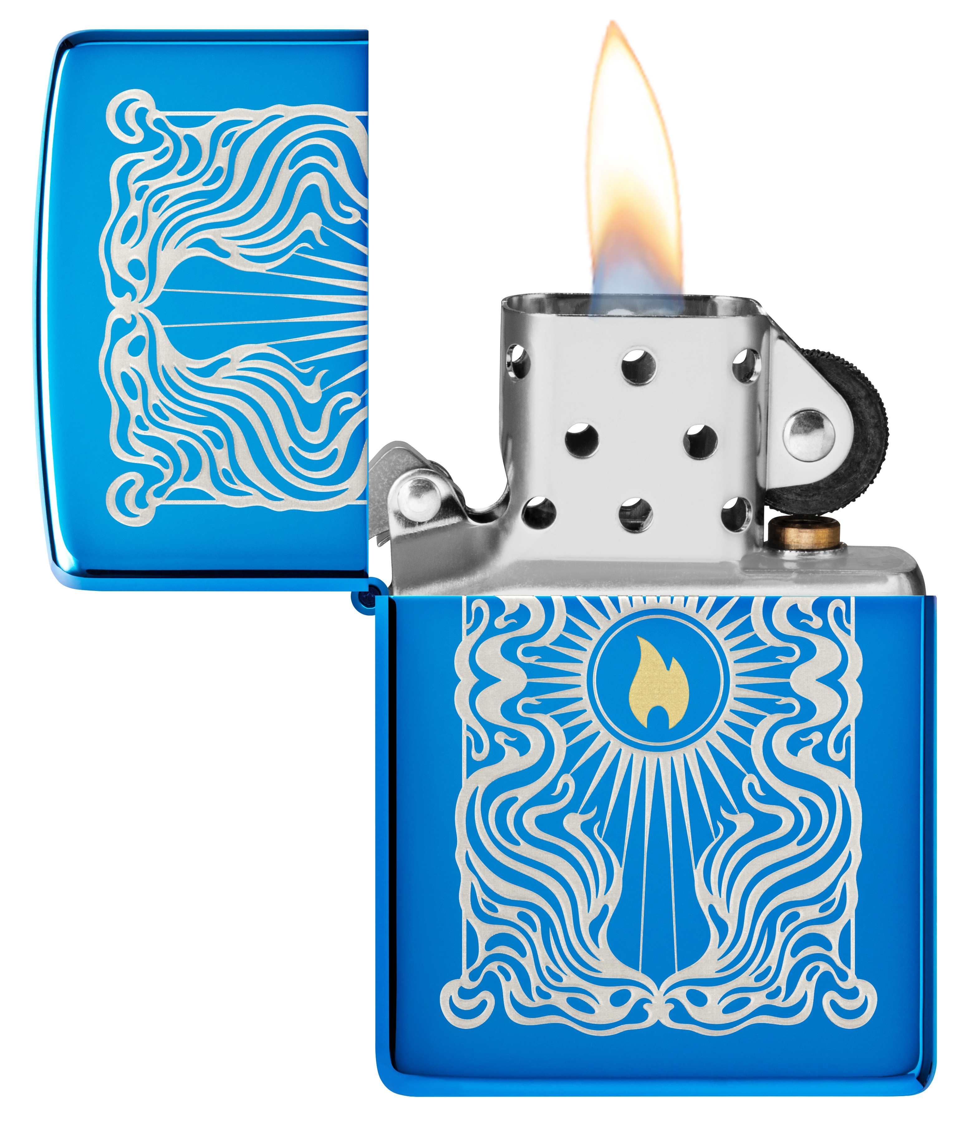 Front shot of Zippo Bejeweled Beetle Design High Polish Brass Windproof Lighter standing at a 3/4 angle.