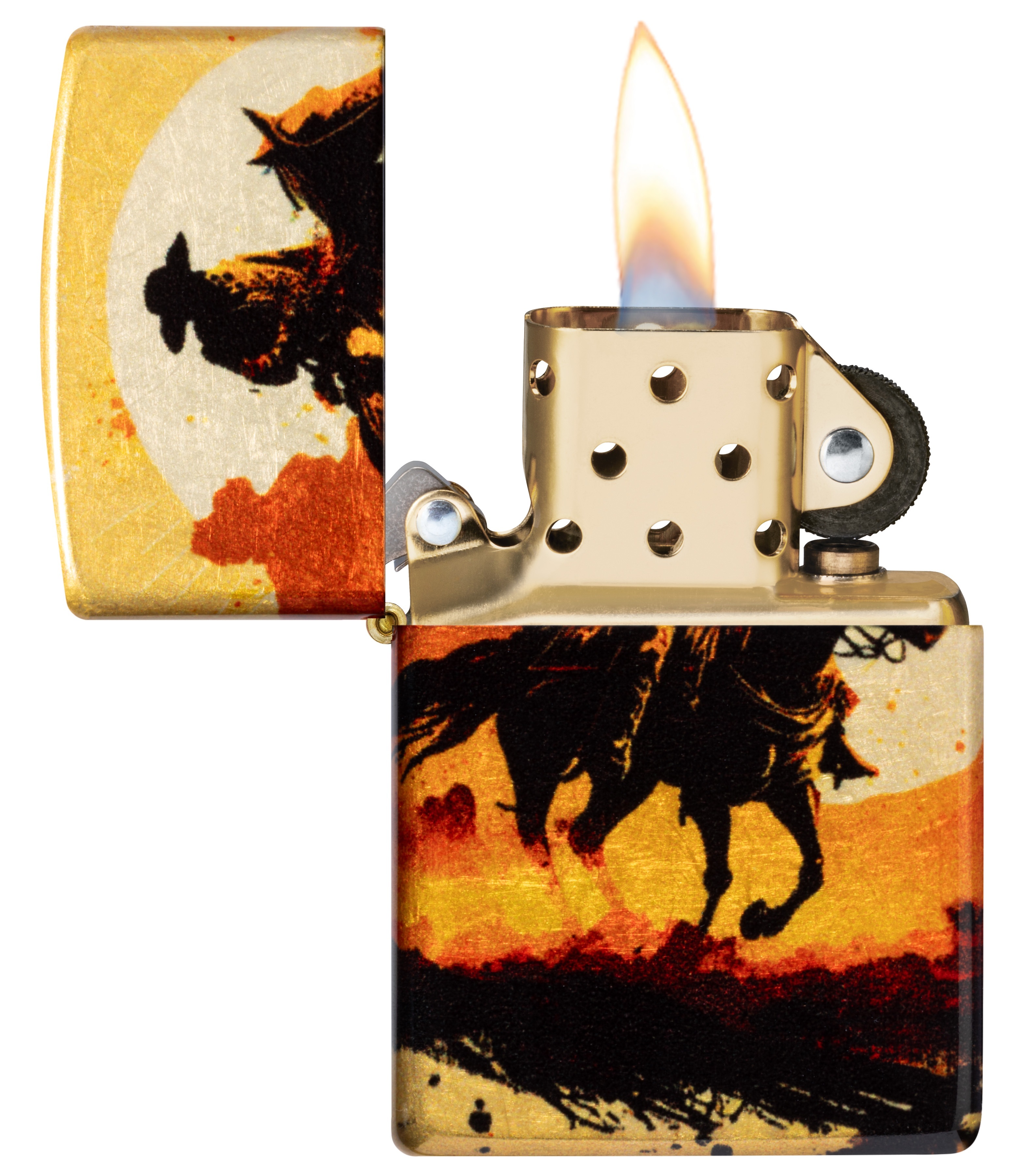 Front shot of Zippo Bejeweled Beetle Design High Polish Brass Windproof Lighter standing at a 3/4 angle.
