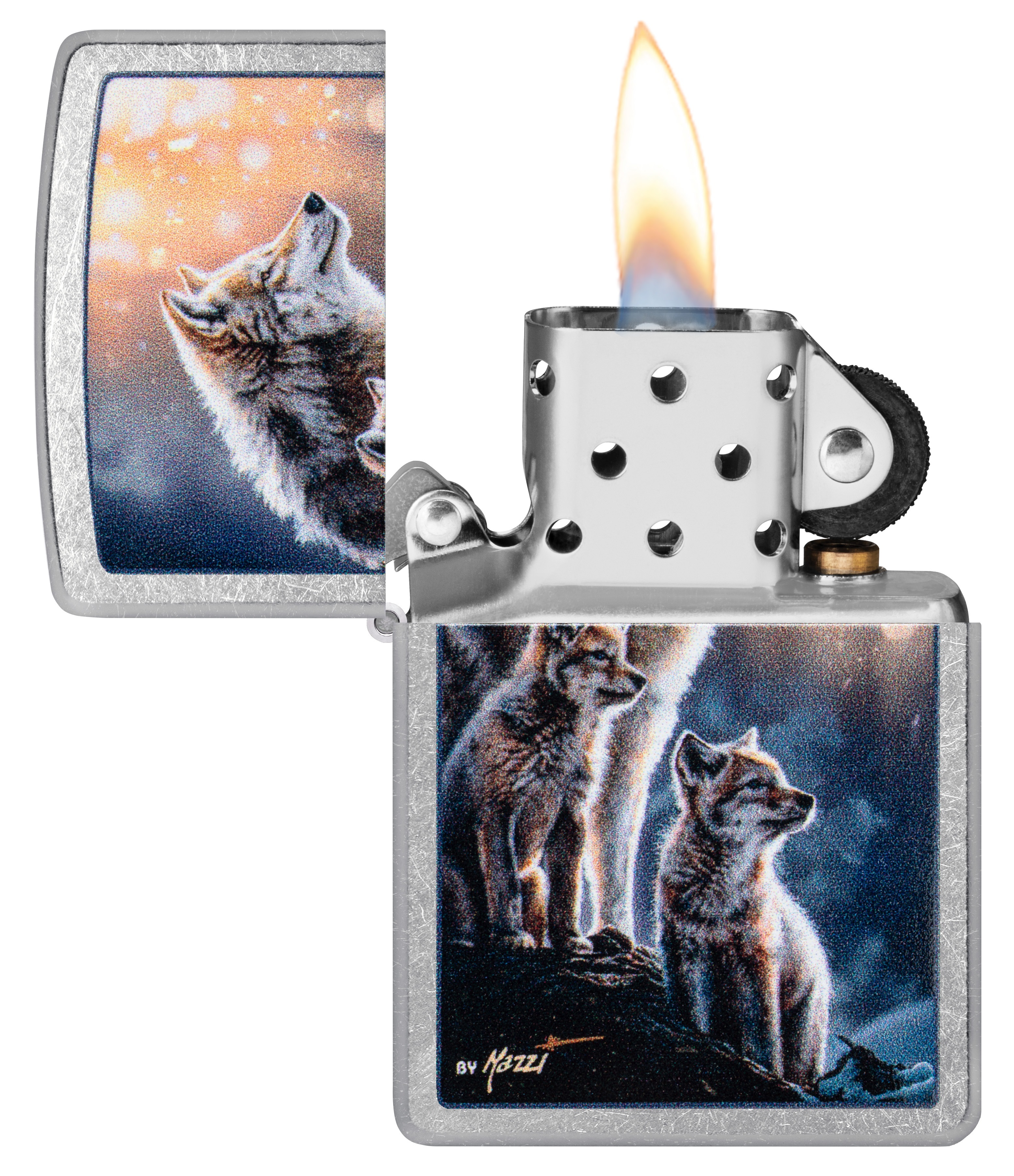 Front shot of Zippo Bejeweled Beetle Design High Polish Brass Windproof Lighter standing at a 3/4 angle.