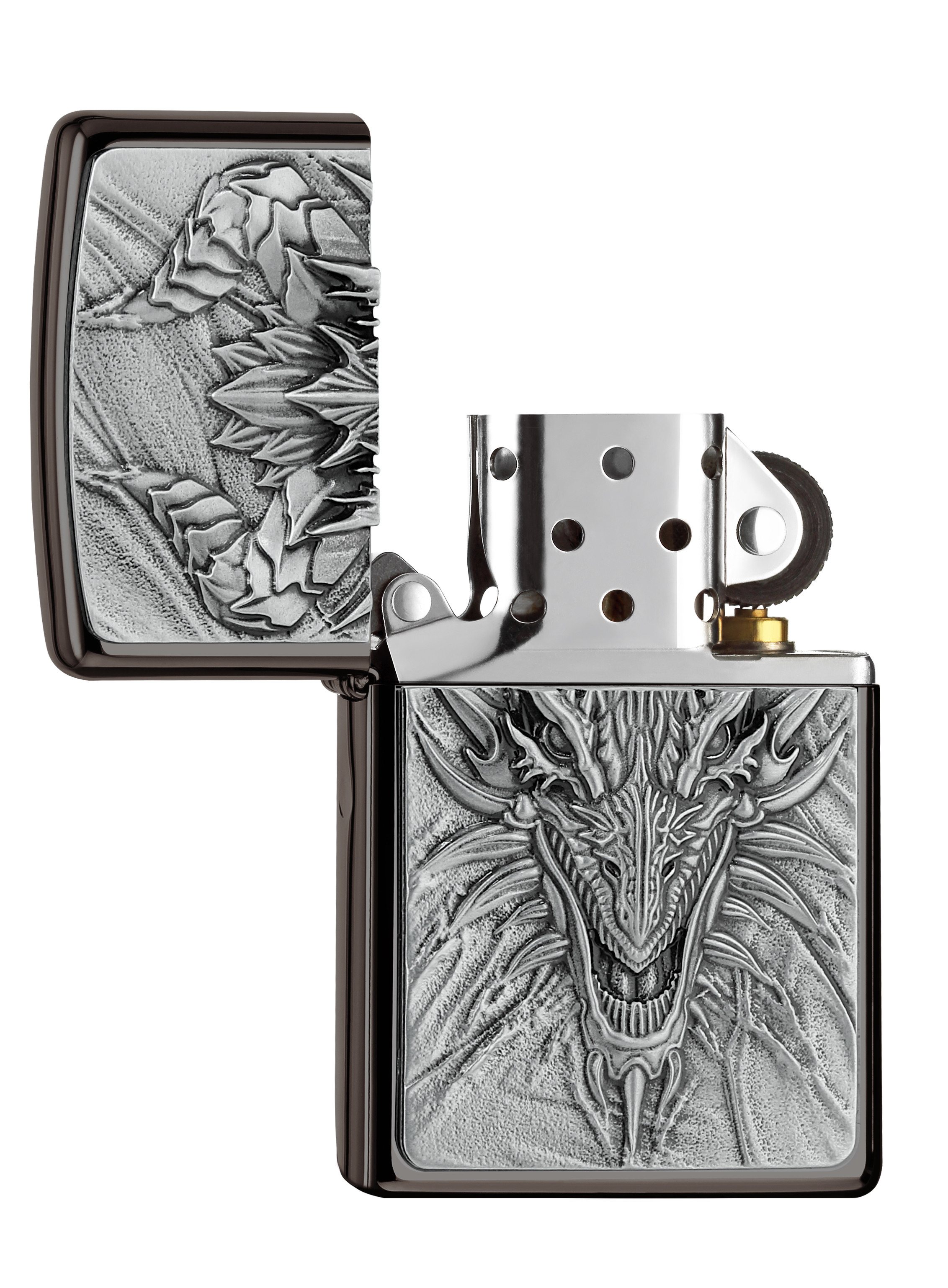 Front shot of Zippo Bejeweled Beetle Design High Polish Brass Windproof Lighter standing at a 3/4 angle.