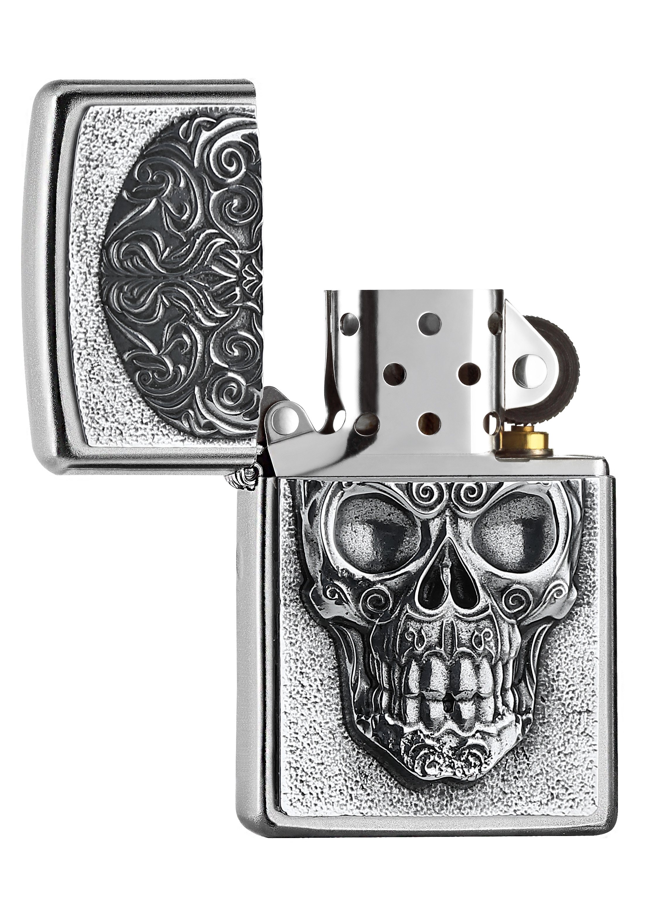 Front shot of Zippo Bejeweled Beetle Design High Polish Brass Windproof Lighter standing at a 3/4 angle.