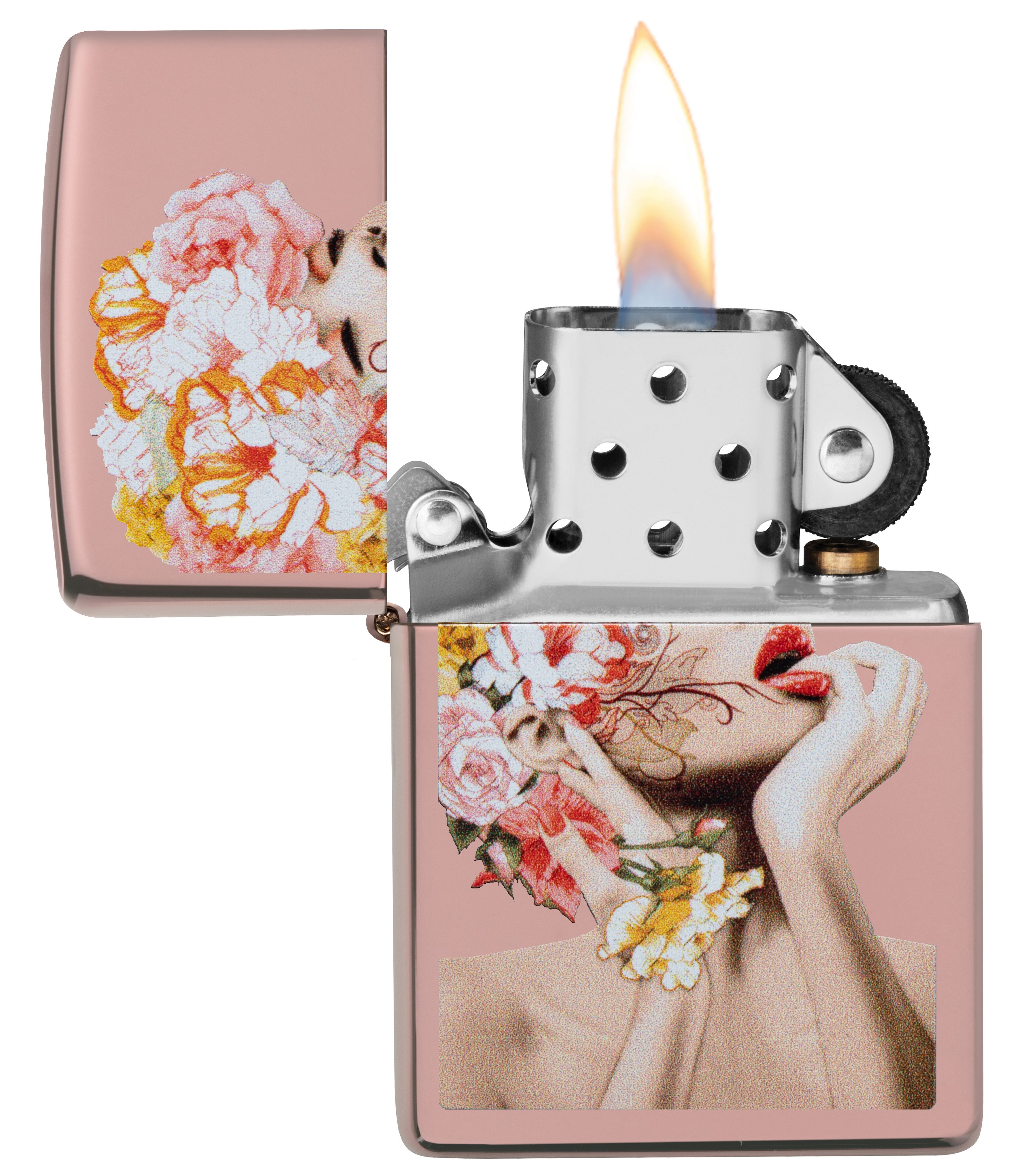 Front shot of Zippo Bejeweled Beetle Design High Polish Brass Windproof Lighter standing at a 3/4 angle.