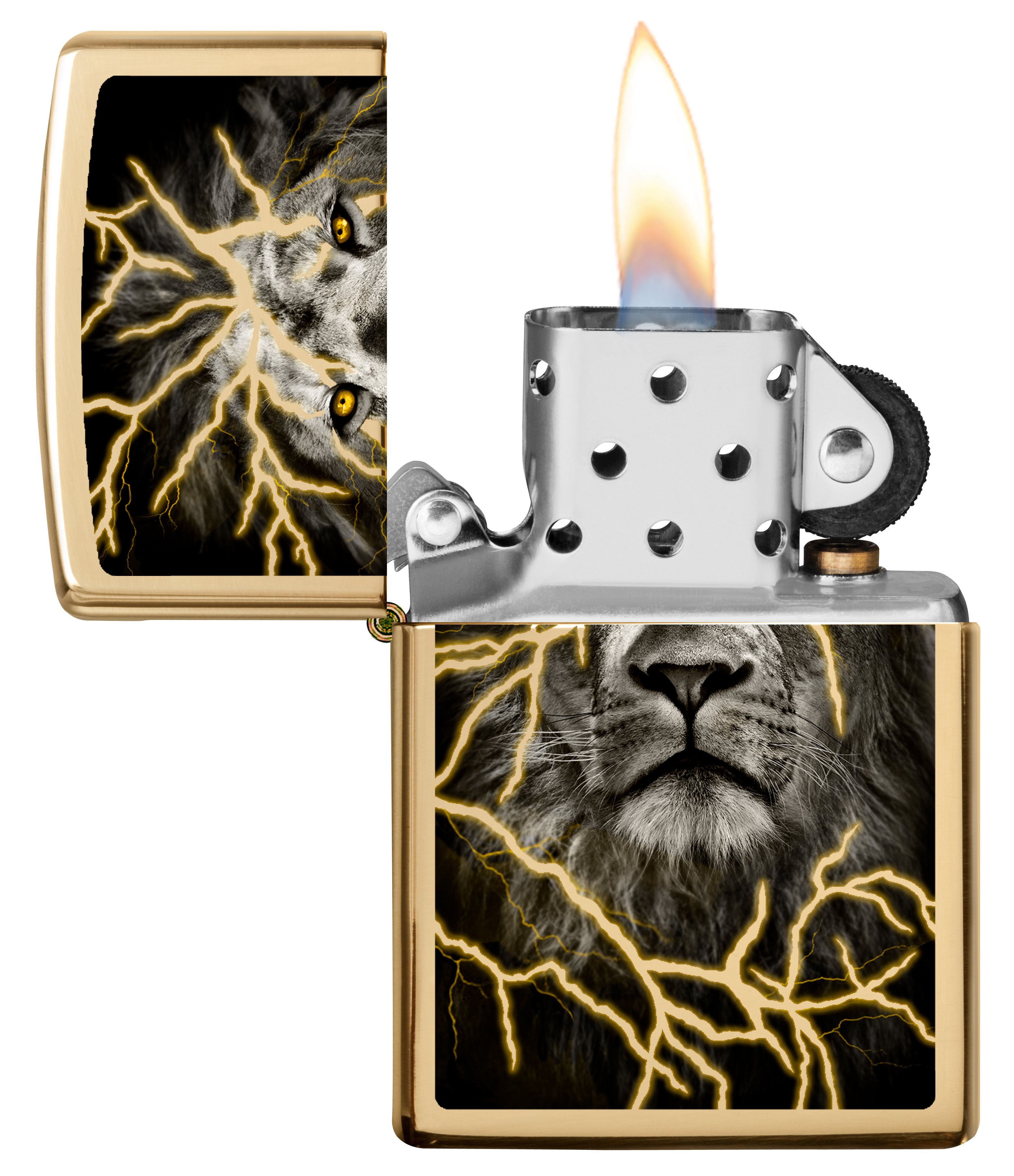 Front shot of Zippo Bejeweled Beetle Design High Polish Brass Windproof Lighter standing at a 3/4 angle.
