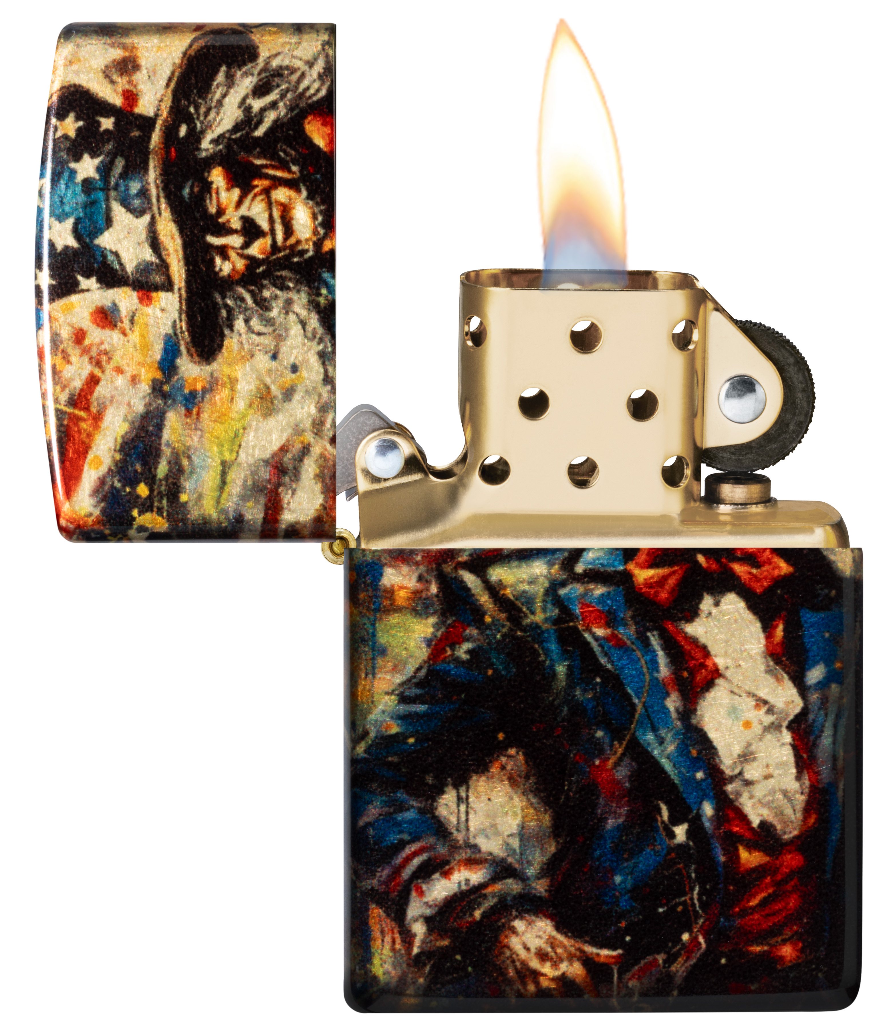 Front shot of Zippo Bejeweled Beetle Design High Polish Brass Windproof Lighter standing at a 3/4 angle.