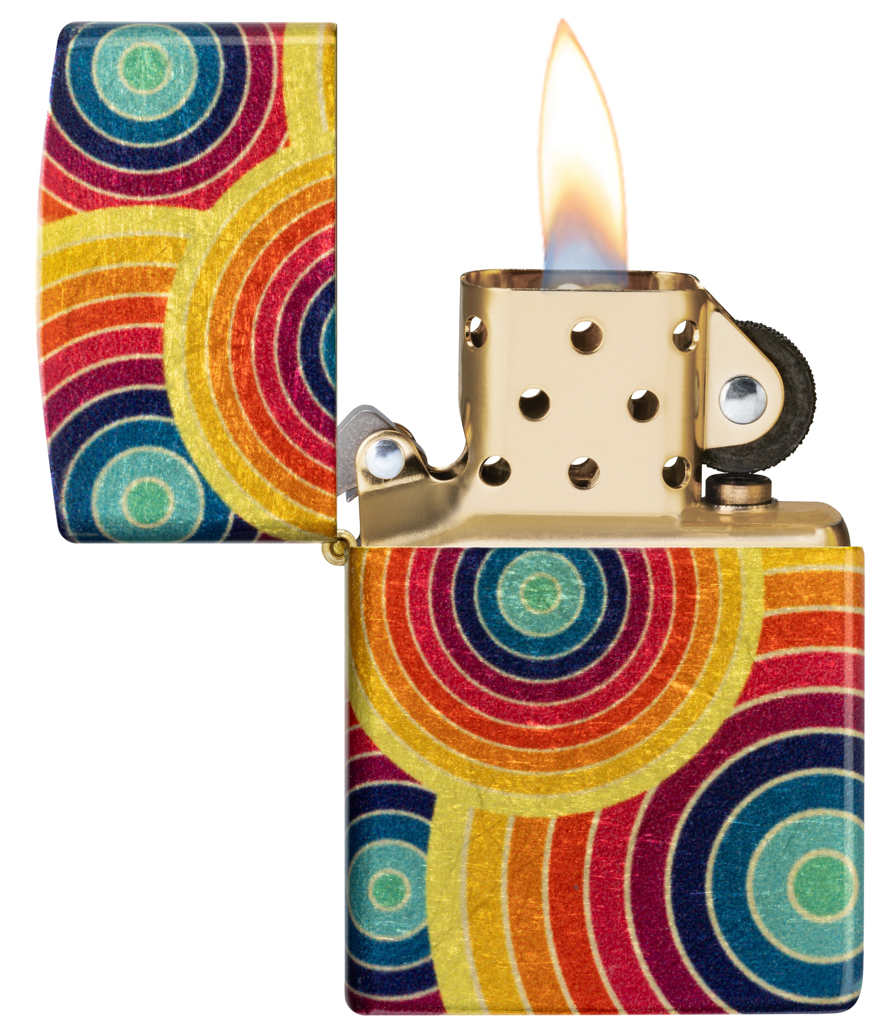 Front shot of Zippo Bejeweled Beetle Design High Polish Brass Windproof Lighter standing at a 3/4 angle.