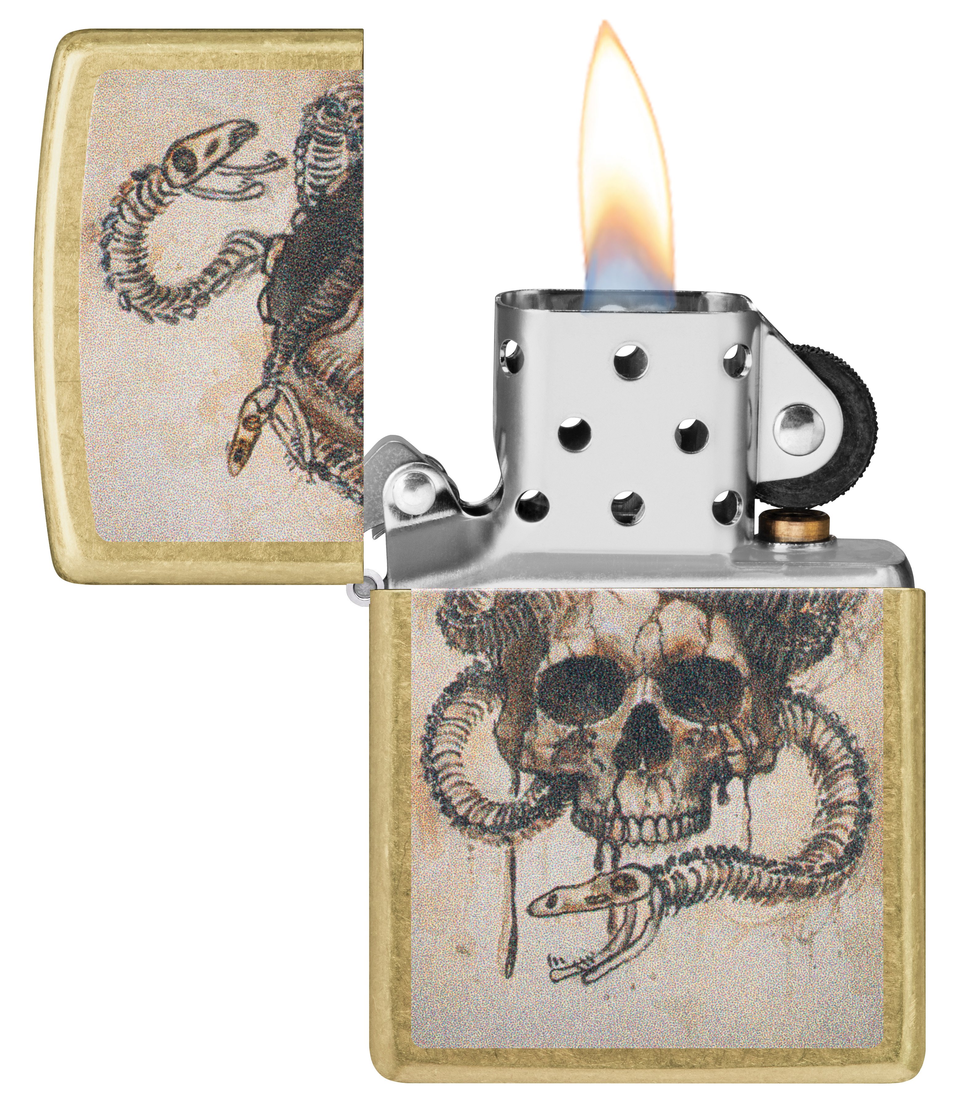 Front shot of Zippo Bejeweled Beetle Design High Polish Brass Windproof Lighter standing at a 3/4 angle.