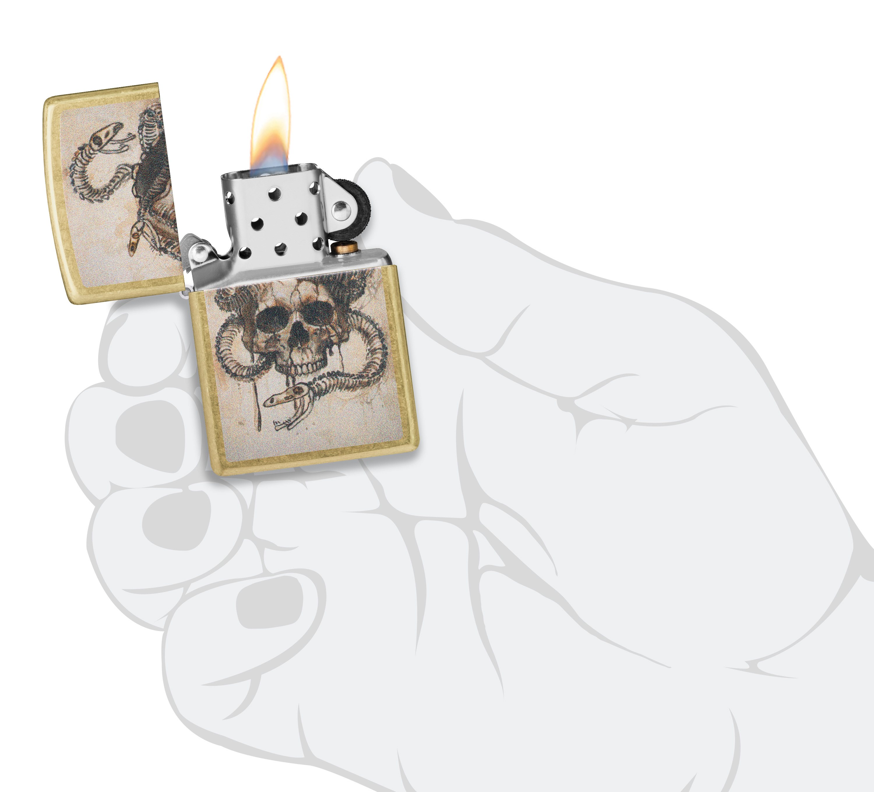 Front shot of Zippo Bejeweled Beetle Design High Polish Brass Windproof Lighter standing at a 3/4 angle.