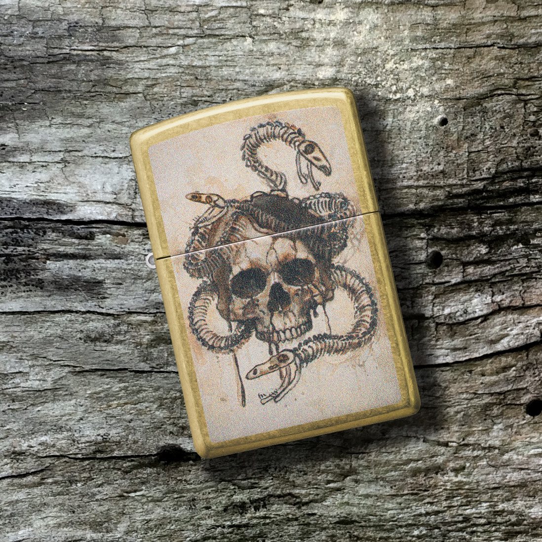 Front shot of Zippo Bejeweled Beetle Design High Polish Brass Windproof Lighter standing at a 3/4 angle.