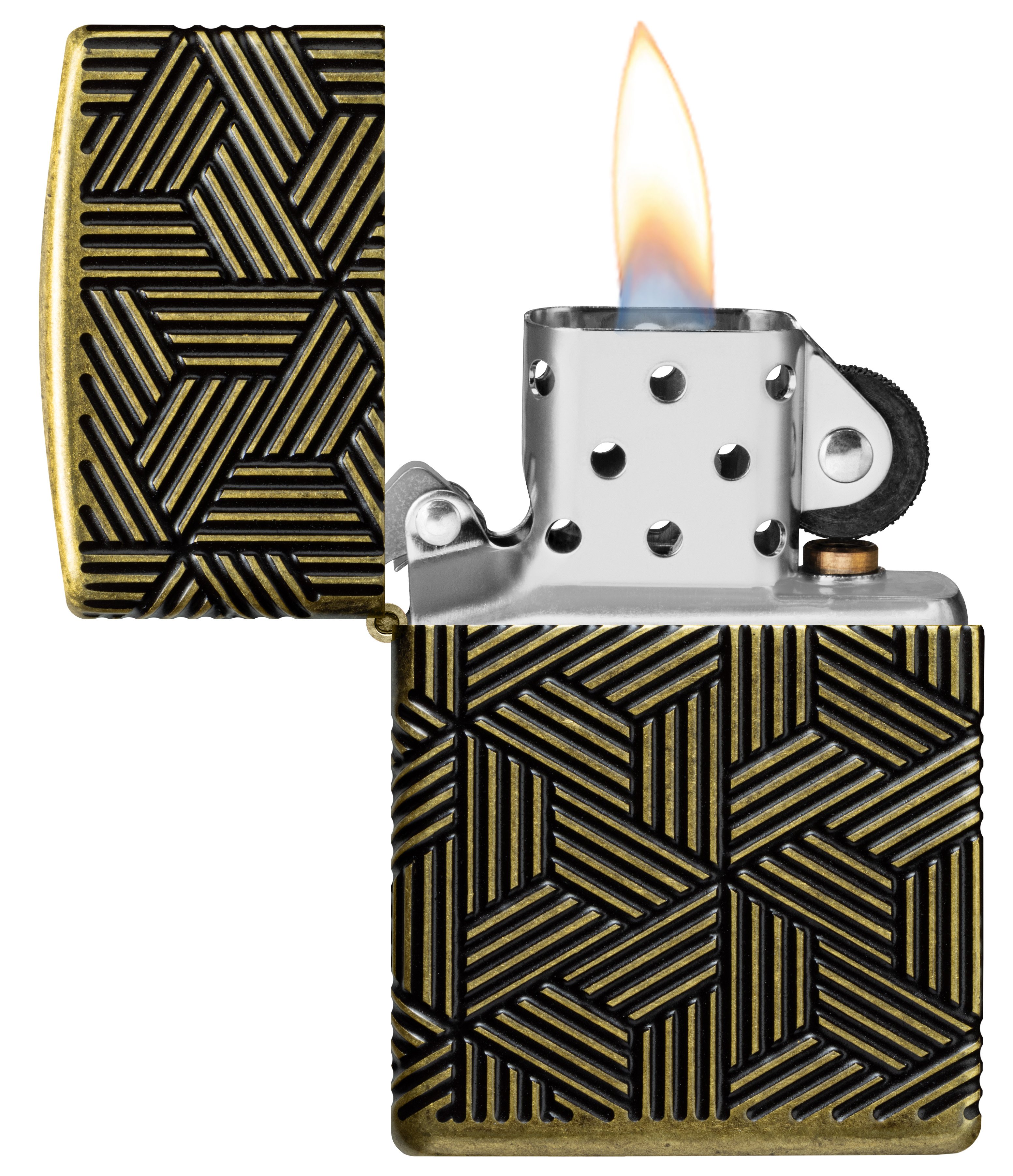 Front shot of Zippo Bejeweled Beetle Design High Polish Brass Windproof Lighter standing at a 3/4 angle.