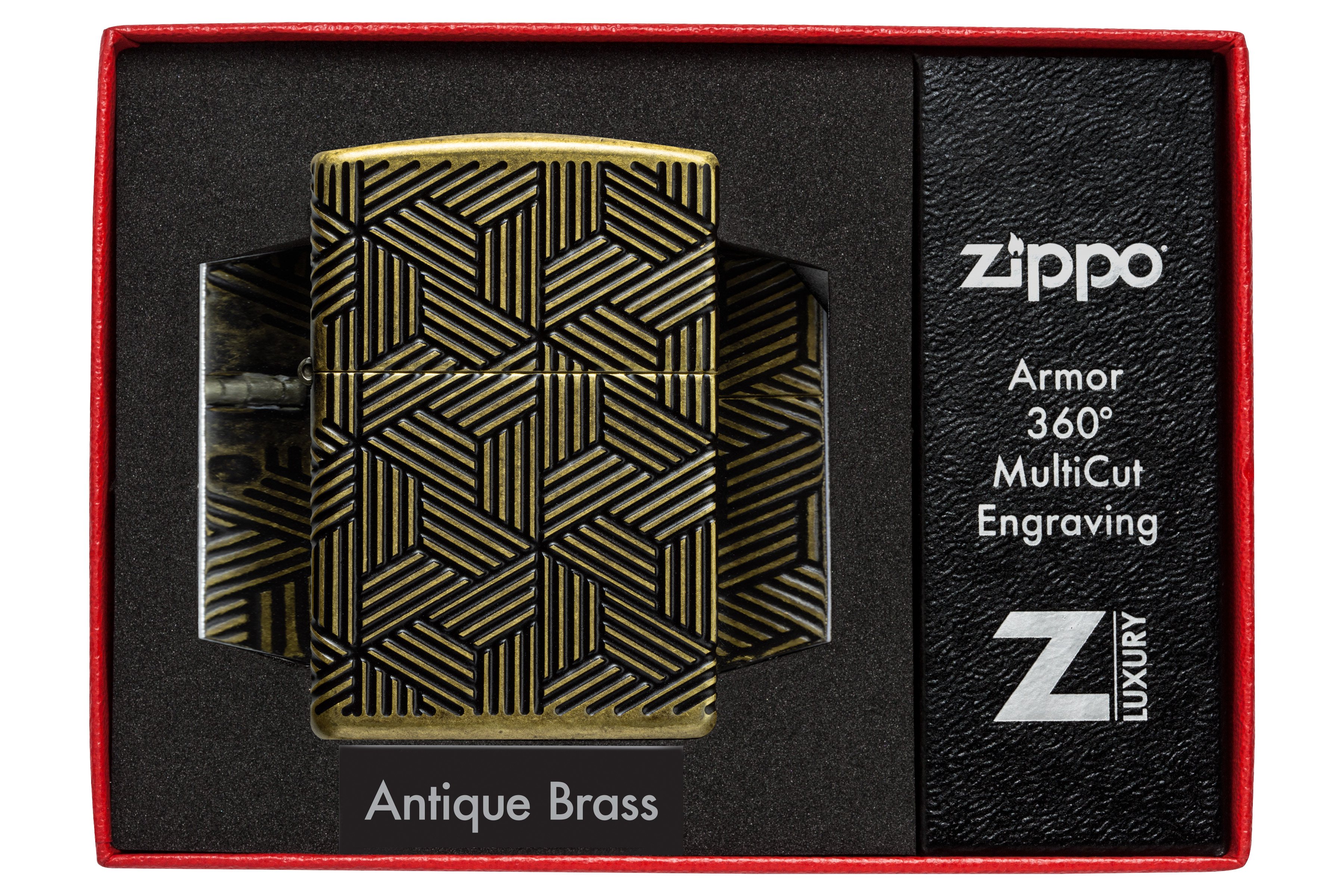 Front shot of Zippo Bejeweled Beetle Design High Polish Brass Windproof Lighter standing at a 3/4 angle.
