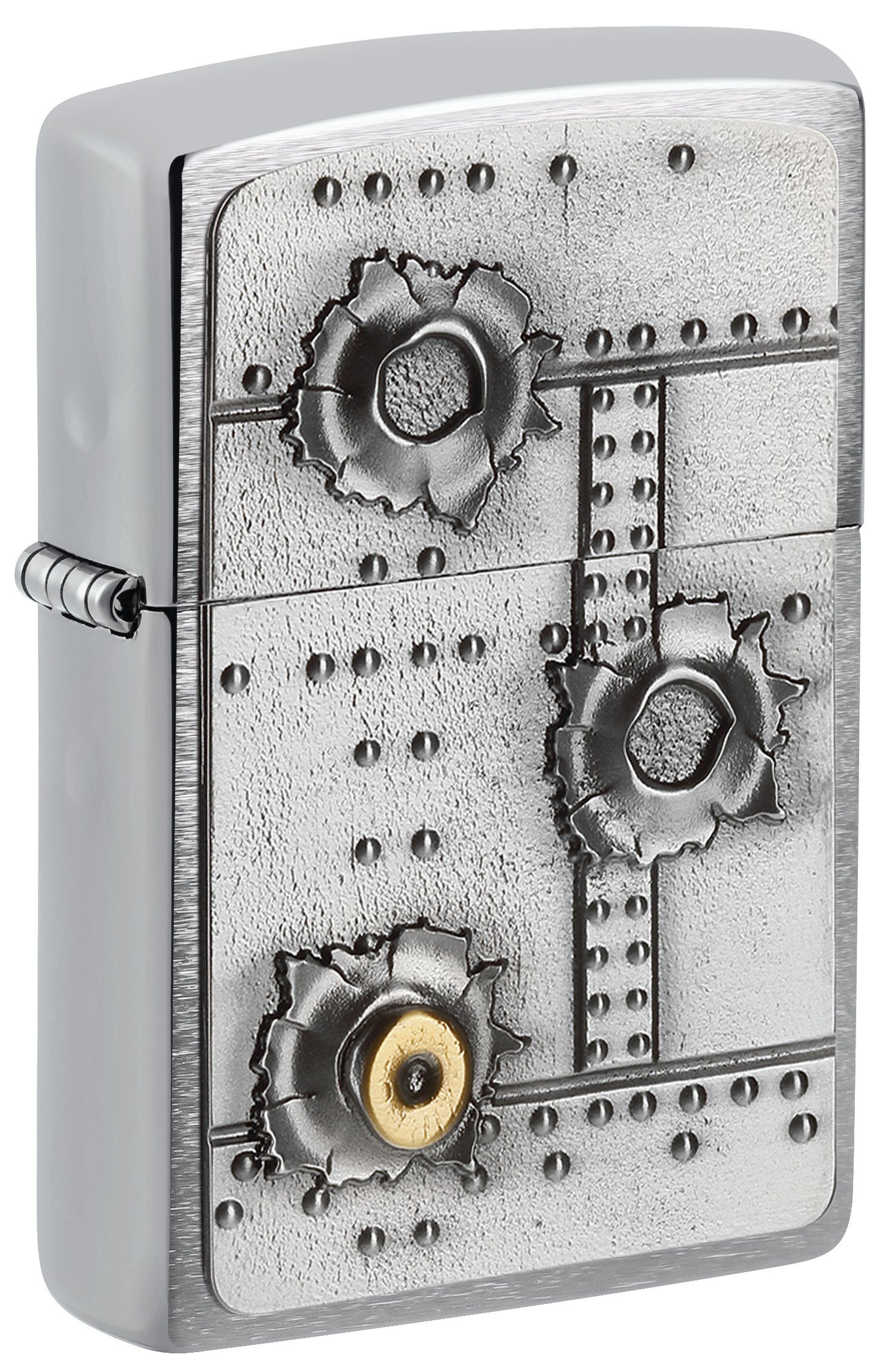 Front shot of Zippo Bejeweled Beetle Design High Polish Brass Windproof Lighter standing at a 3/4 angle.